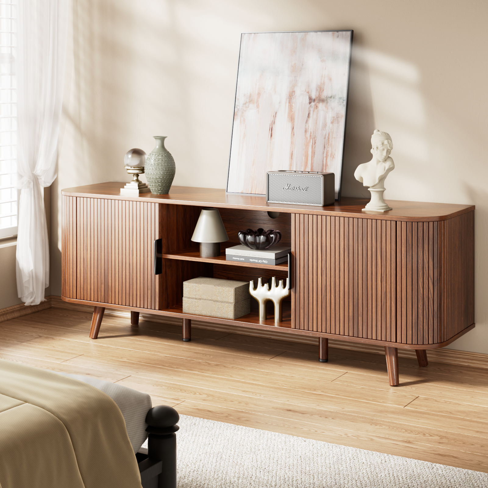 Curved Edge TV Stand Walnut Finish Media Console for 65 Inch TV Modern Fluted Door Credenza with Storage Mid Century Living Room Furniture