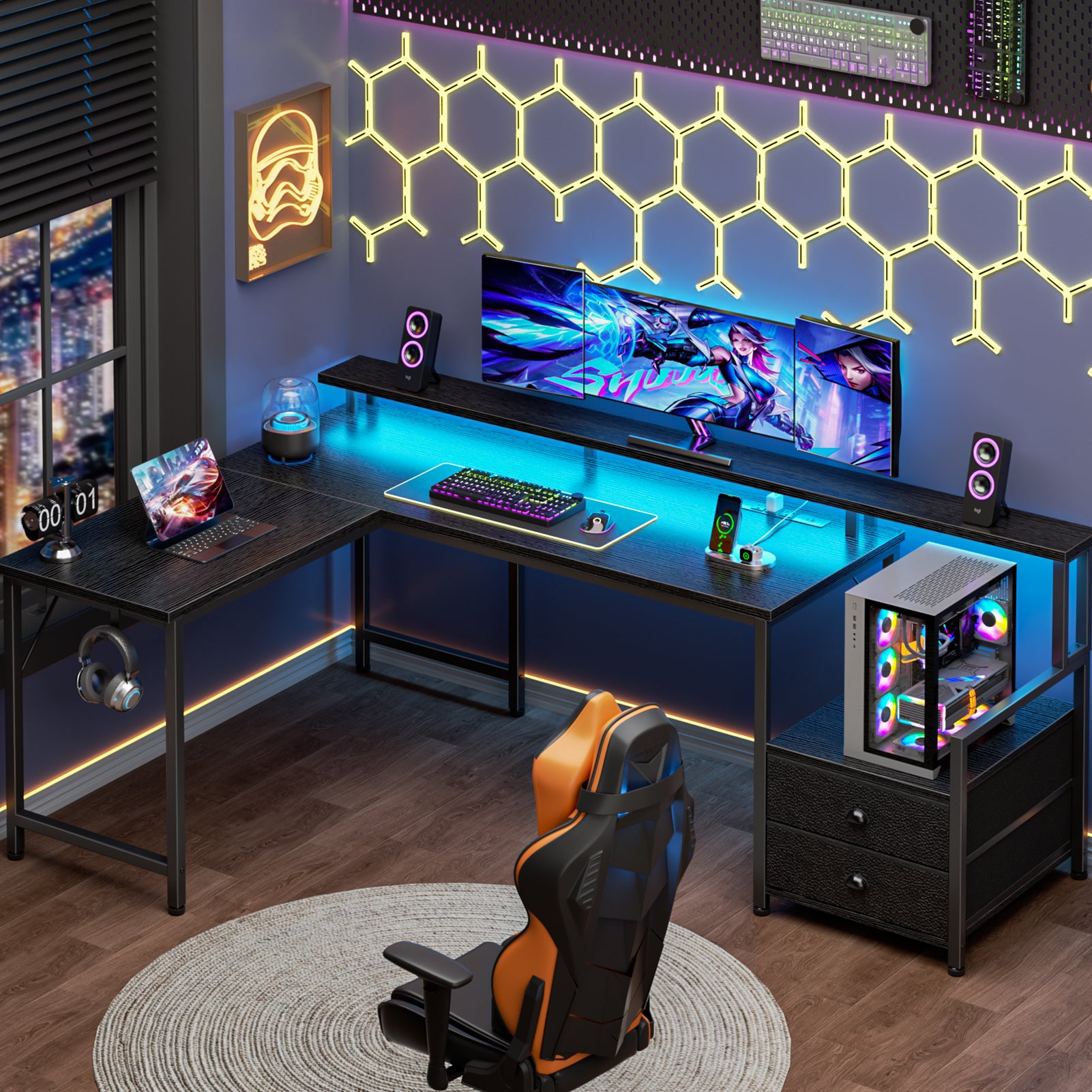 Qwatto 66 Inch Black L Shaped Computer Desk with Charging Station Reversible Gaming Desk LED Lights 2 Drawers Monitor Stand Storage Home Office