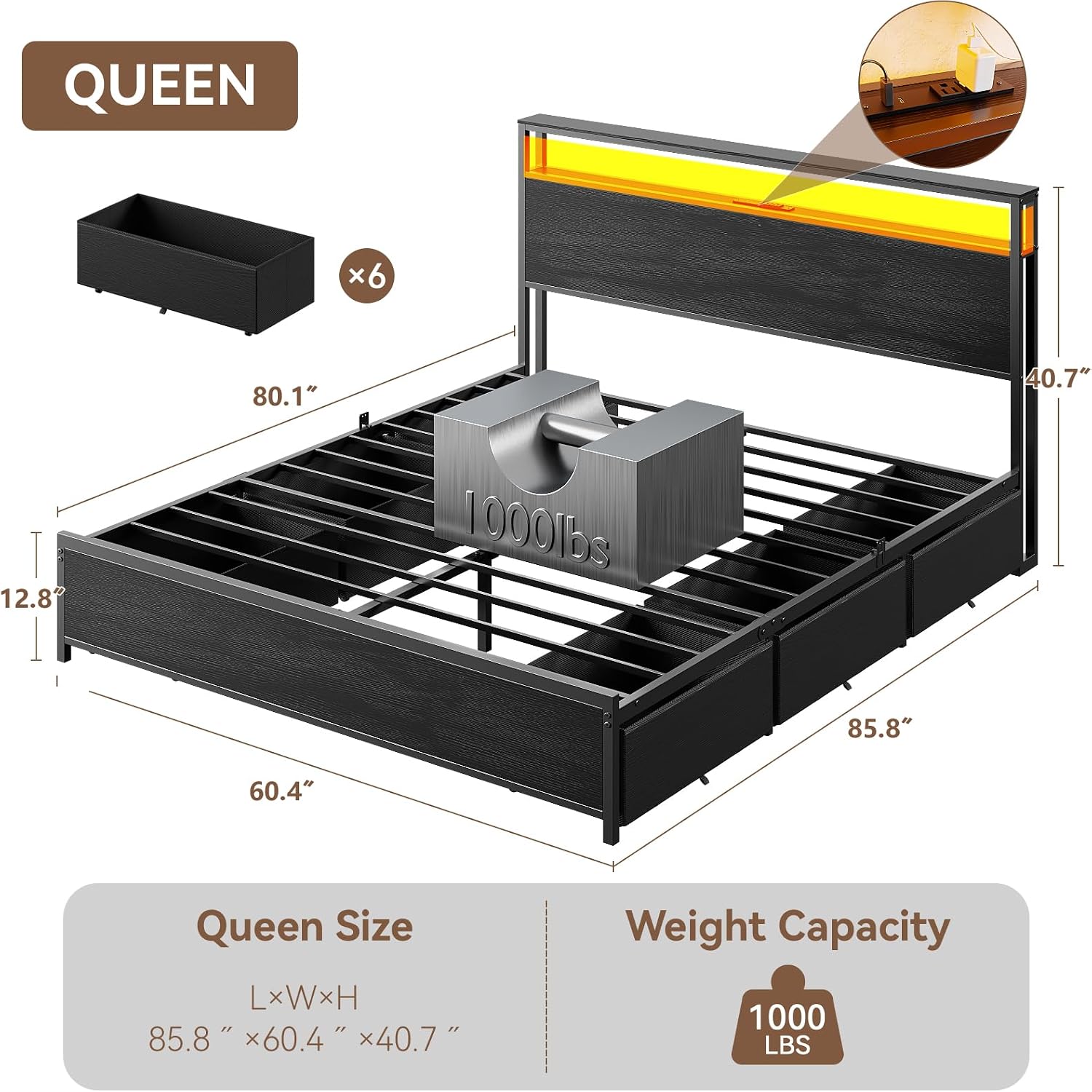 Qwatto Queen Bed Frame 6 Drawers Storage Headboard LED Lights Charging Station Metal Platform Bed Black No Box Spring Needed Noise Free 2 Tier USB Shelf