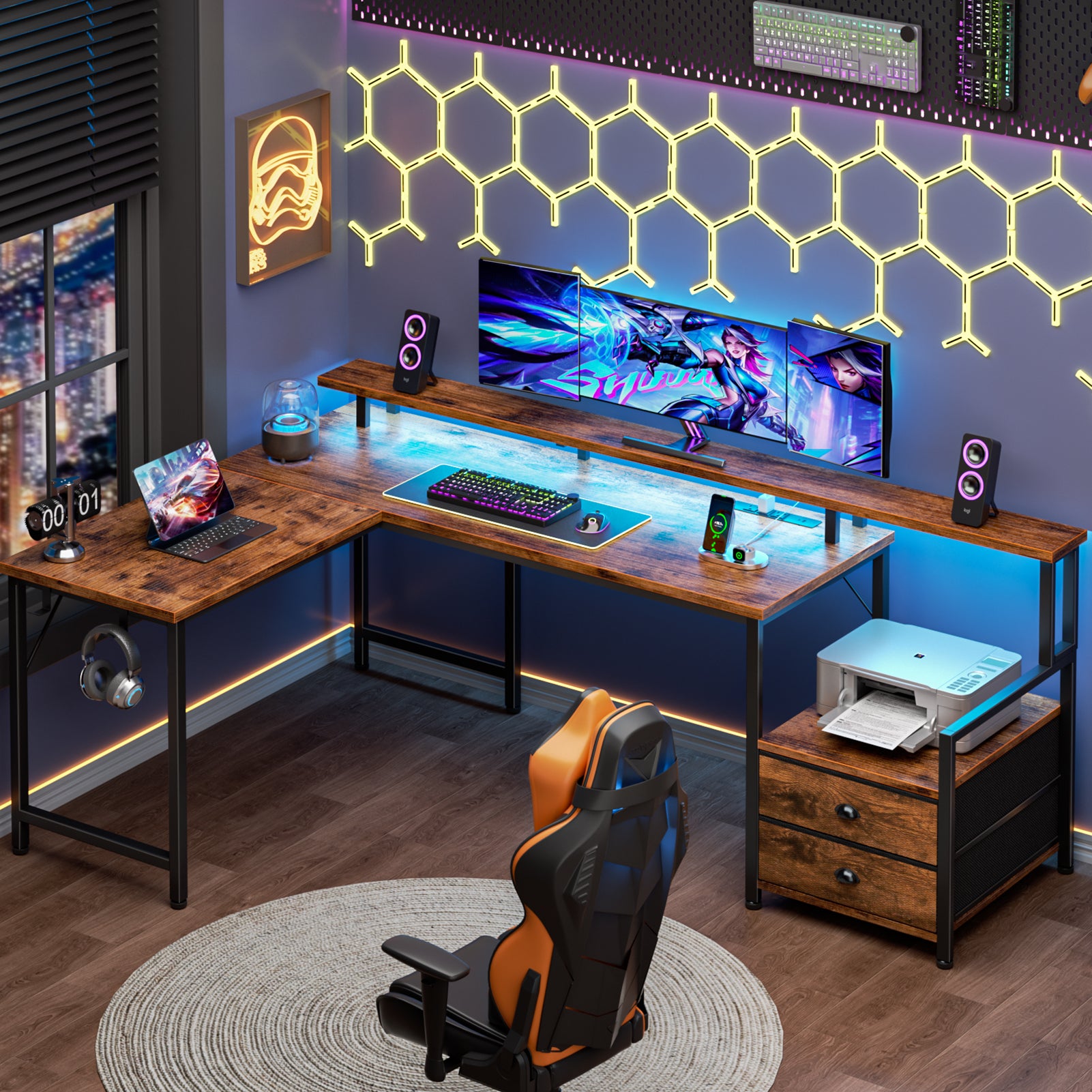 Qwatto 66 Inch Brown L Shaped Computer Desk with Charging Station Reversible Gaming Desk LED Lights 2 Drawers Monitor Stand Storage Home Office