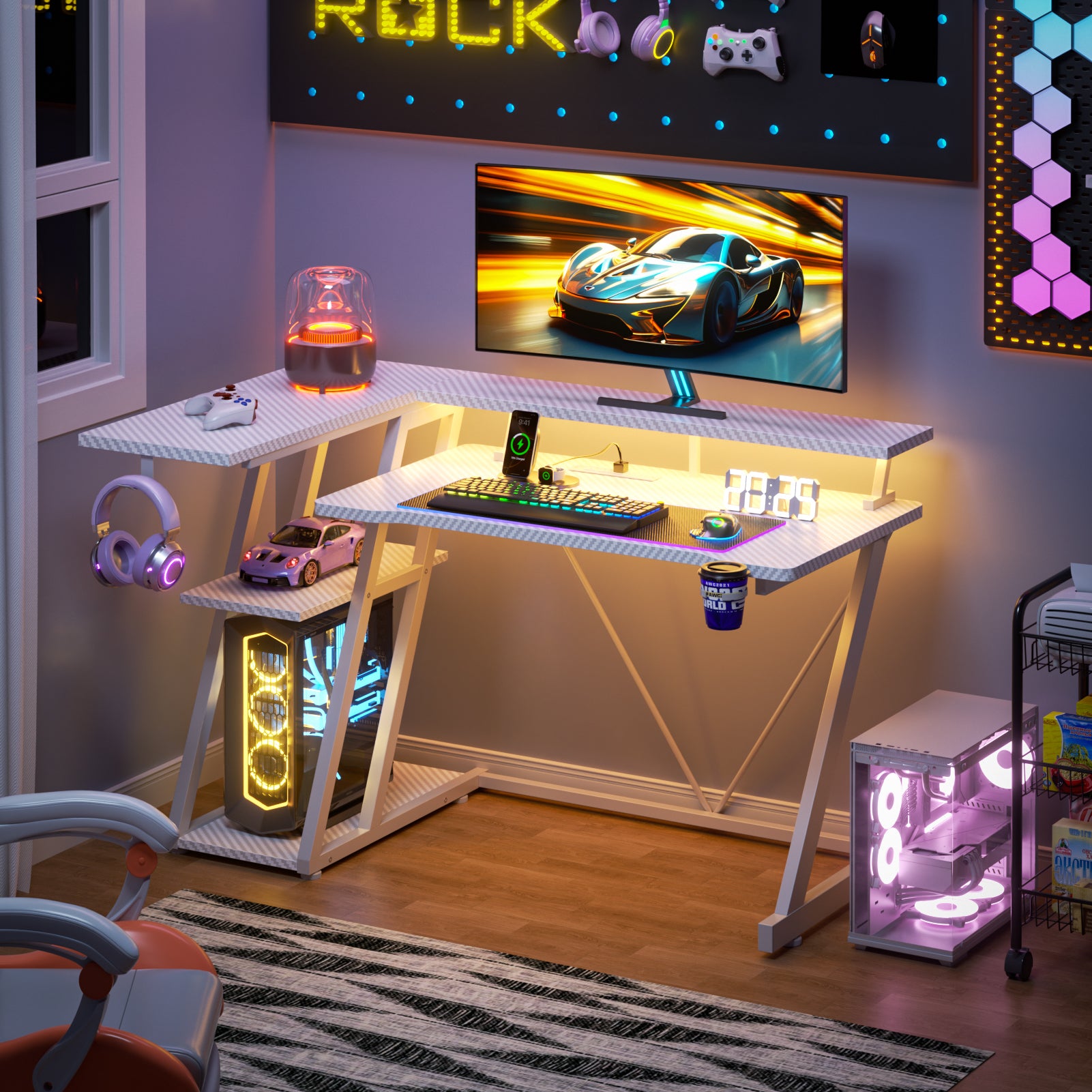 40 inch White Gaming Desk Pro Setup L Shaped Computer Table with Monitor Stand 3 Tier Storage Shelves Carbon Fiber Gamer