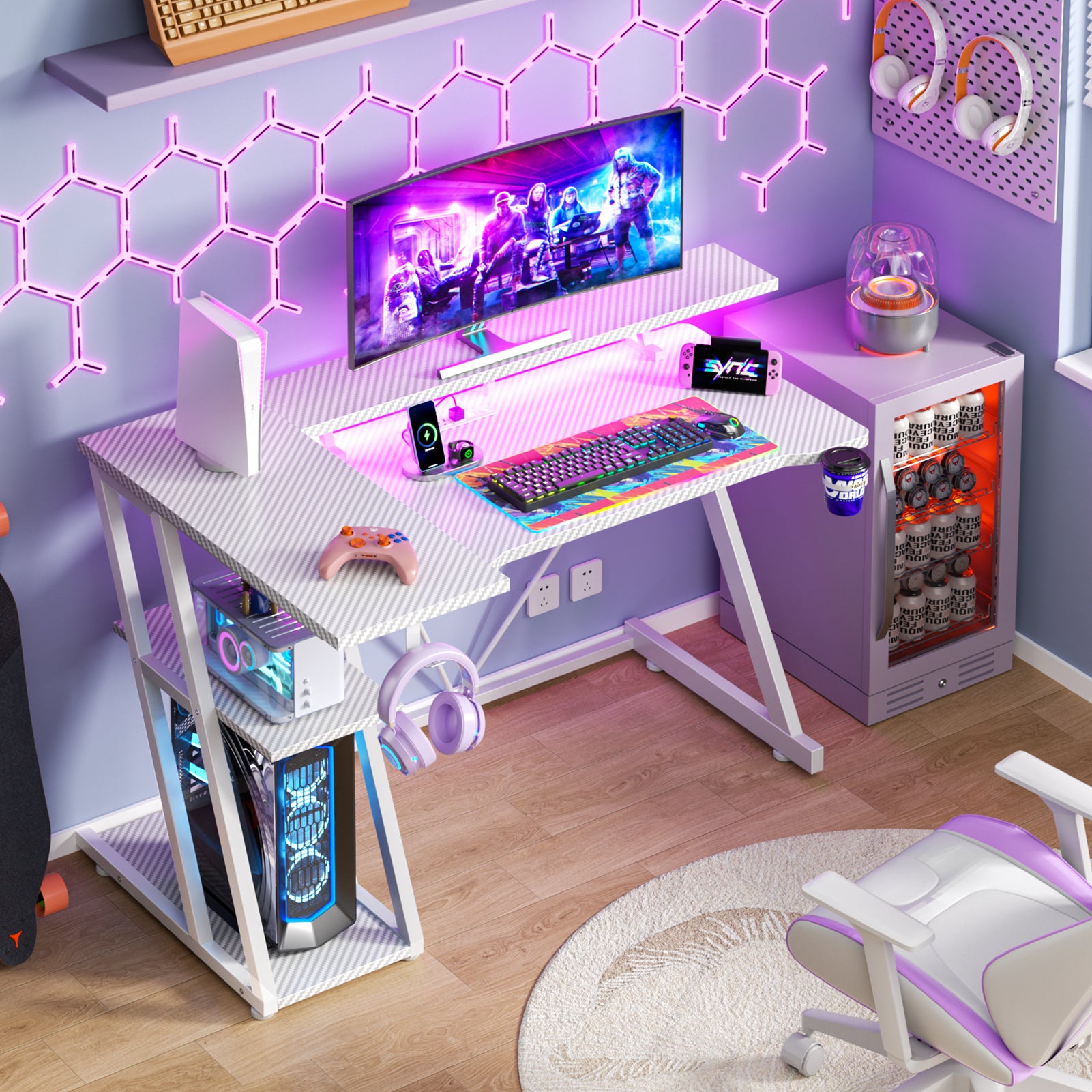 40 inch L Shaped Gaming Desk with LED Lights and Power Outlet Corner Computer Desk for Small Space with Monitor Stand 3 Tier Storage Shelves White