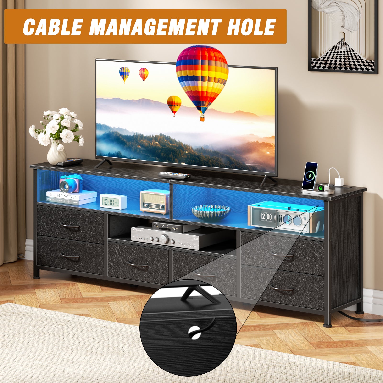 Qwatto 63 Inch Black TV Stand Dresser with Charging Station LED Lights 6 Drawers Entertainment Center for TVs up to 70 Inch Media Console Living Room