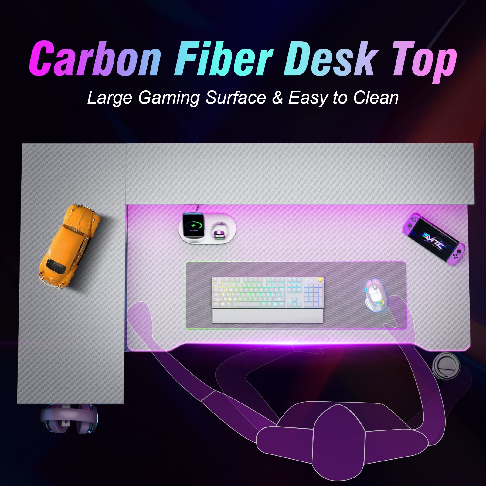 40 inch White Gaming Desk Pro Setup L Shaped Computer Table with Monitor Stand 3 Tier Storage Shelves Carbon Fiber Gamer
