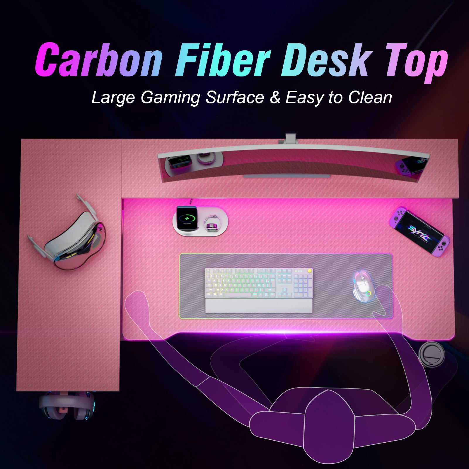 40 inch L Shaped Gaming Desk LED Lights Power Outlet Corner Computer Table with Monitor Stand 3 Tiers Storage Shelves Carbon Fiber Gamer Desk Pink