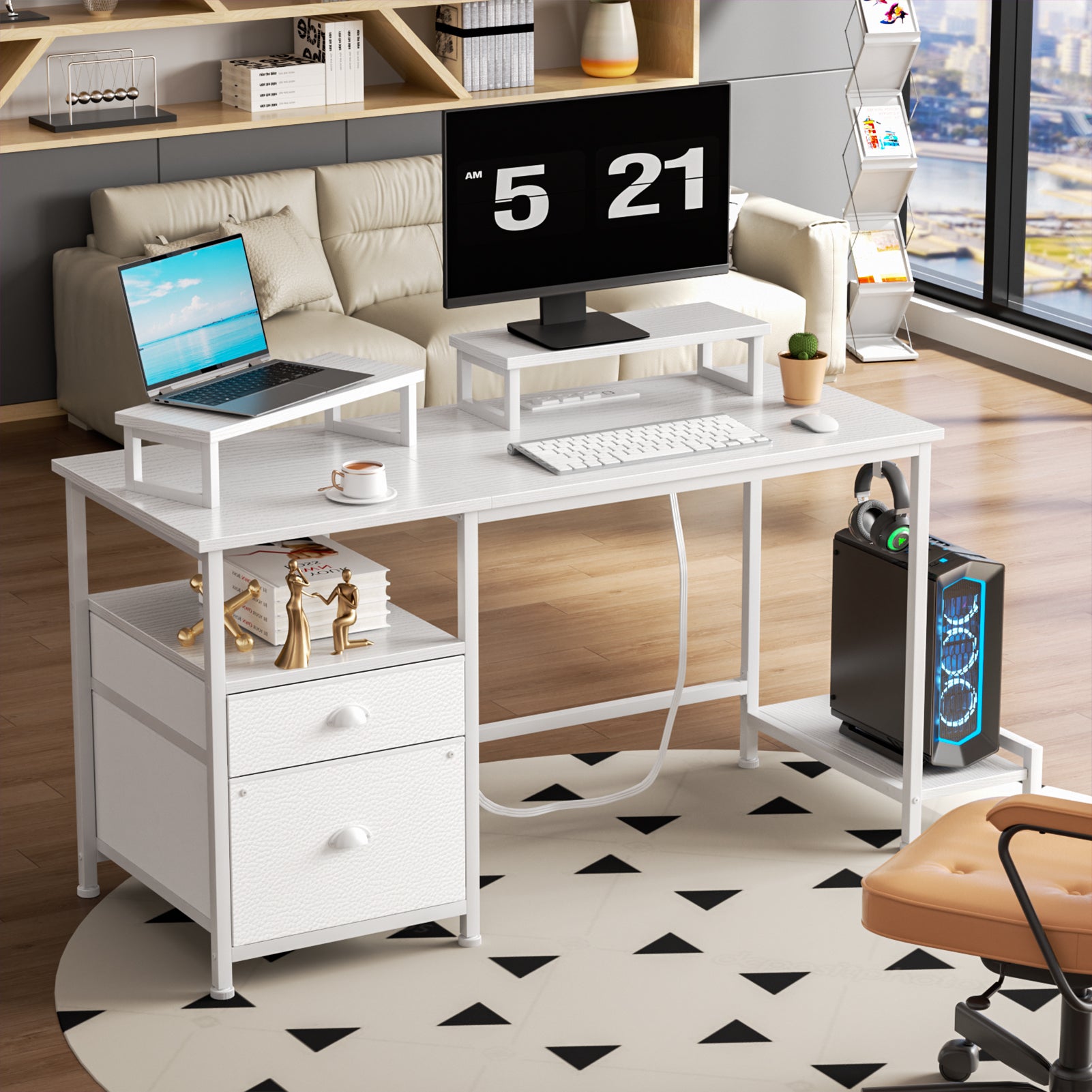 47 Inch White Computer Desk with Charging Station File Cabinet Home Office Gaming Desk 2 Monitor Stands Storage Drawer Shelves Writing Table Bedroom