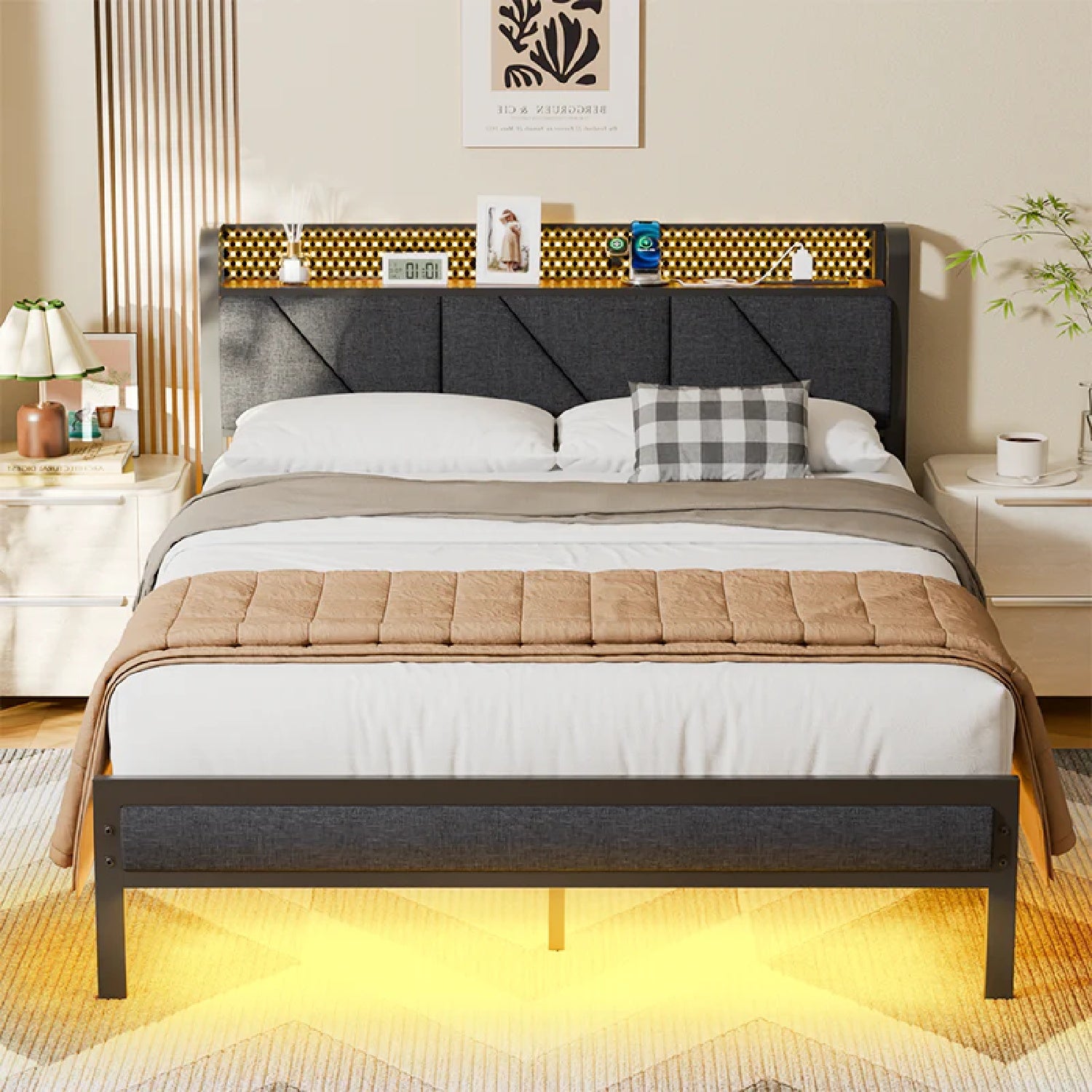 Furnulem LED Bed Frame with Upholstered Headboard and Charging Station