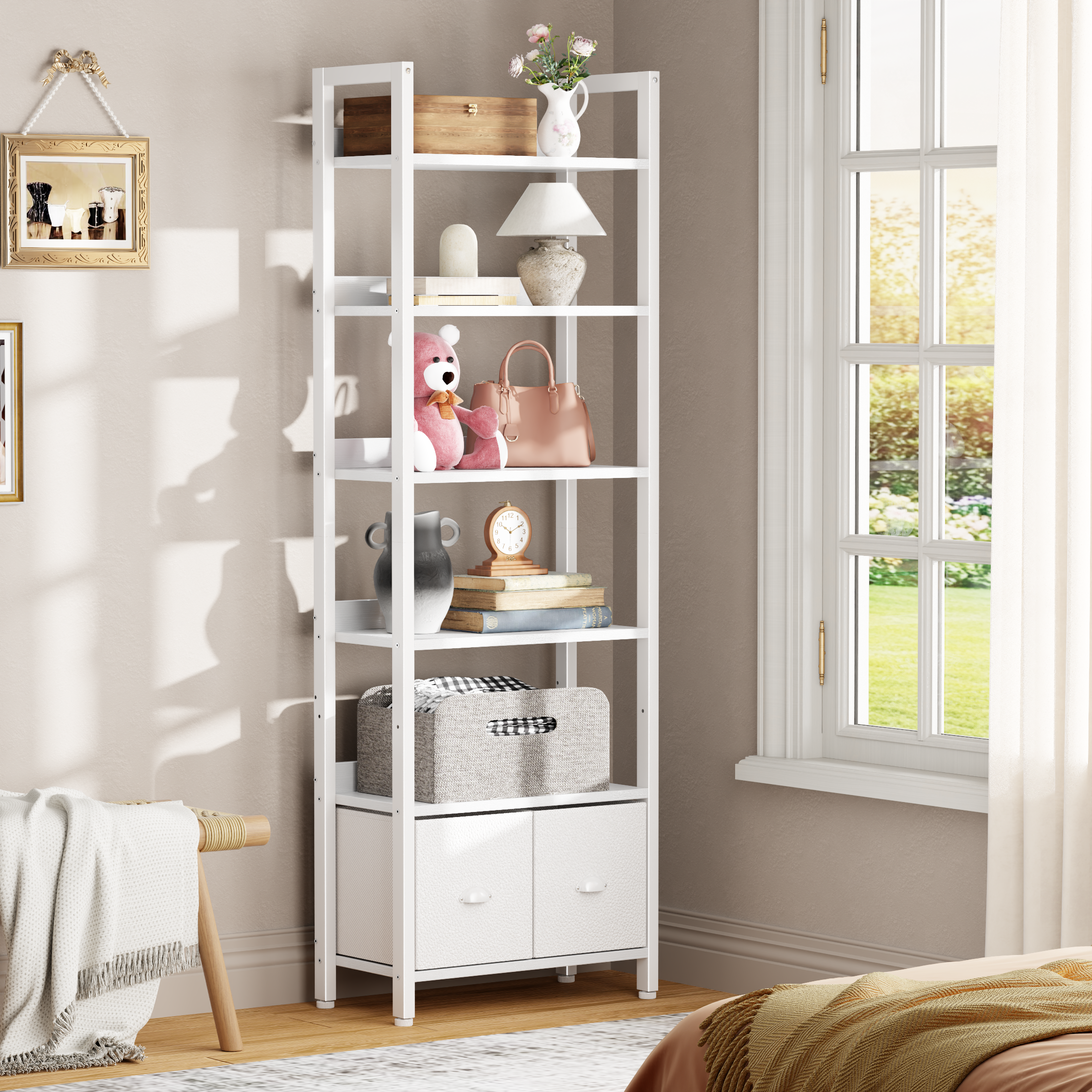 Modern 71 Inch Tall 6 Tier Bookshelf with Two Drawers Wooden Metal Freestanding Bookcase Display Storage Organizer for Home Office Living Room White