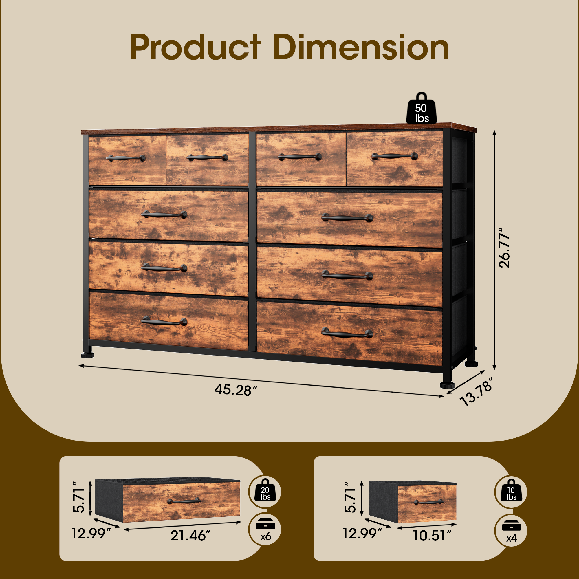 Industrial Rustic Brown 10 Drawer Dresser Wide Fabric Storage Chest Wood Top Bedroom Closet Furniture Media Center 50 Inch TV Stand