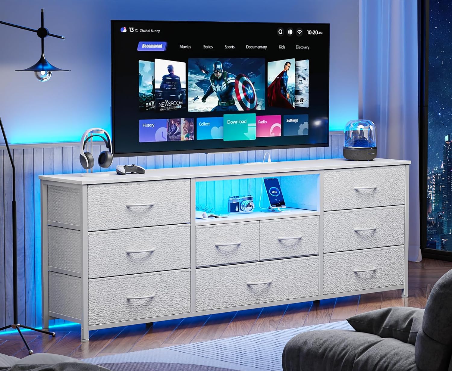 Furnulem 9 Drawer Dresser 63” Long TV Stand for Bedroom Entertainment Center with Power Outlet  LED Light for 65"-75" TV White Dresser with Fabric