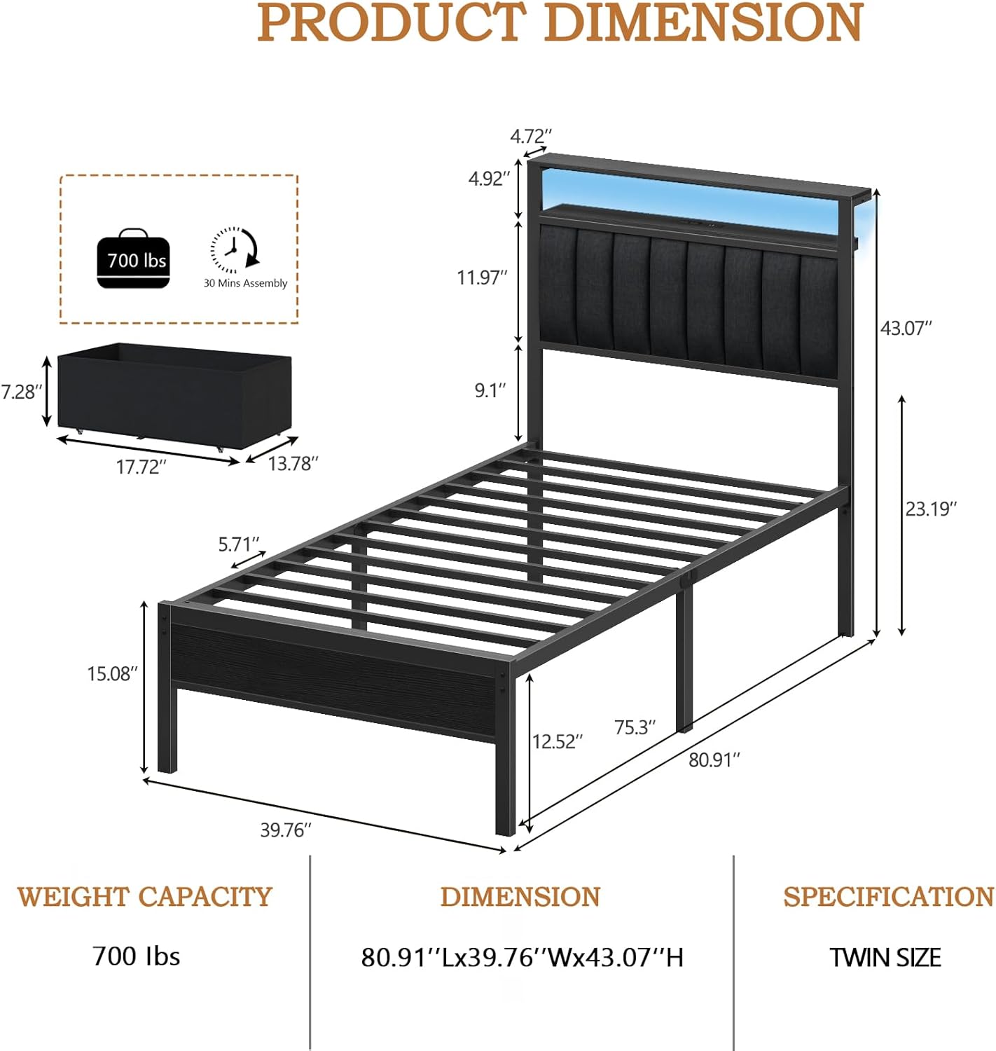 Twin Bed Frames  Grey Upholstered Headboard with Shelves Metal Platform Bed with 2 Under-Bed Storage (Fabric Drawer on Wheels) No Box Spring Needed