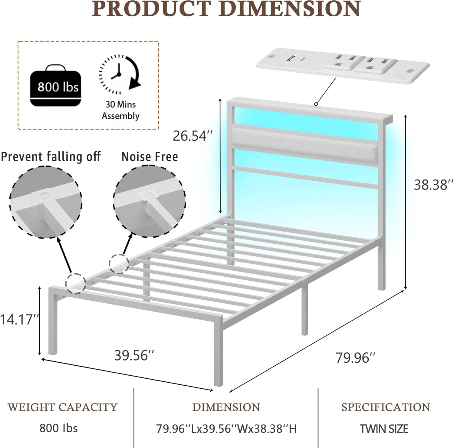 Qwatto Twin Size Bed Frame Kids White Leather Upholstered Bed LED Lights Charging Station Storage Headboard Metal Platform Bed Frames No Box Springs