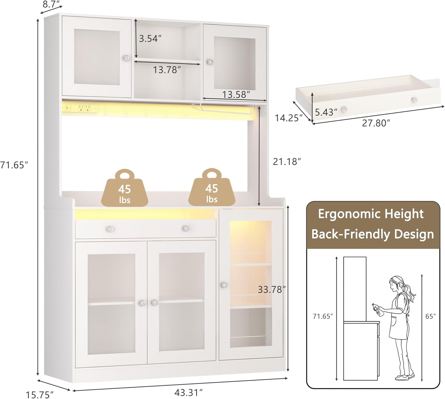 Qwatto 71"Kitchen Pantry Cabinet with Charging Station and LED Lights Tall Freestanding Kitchen Hutch with storage Rack Microwave Stand White Cabinet