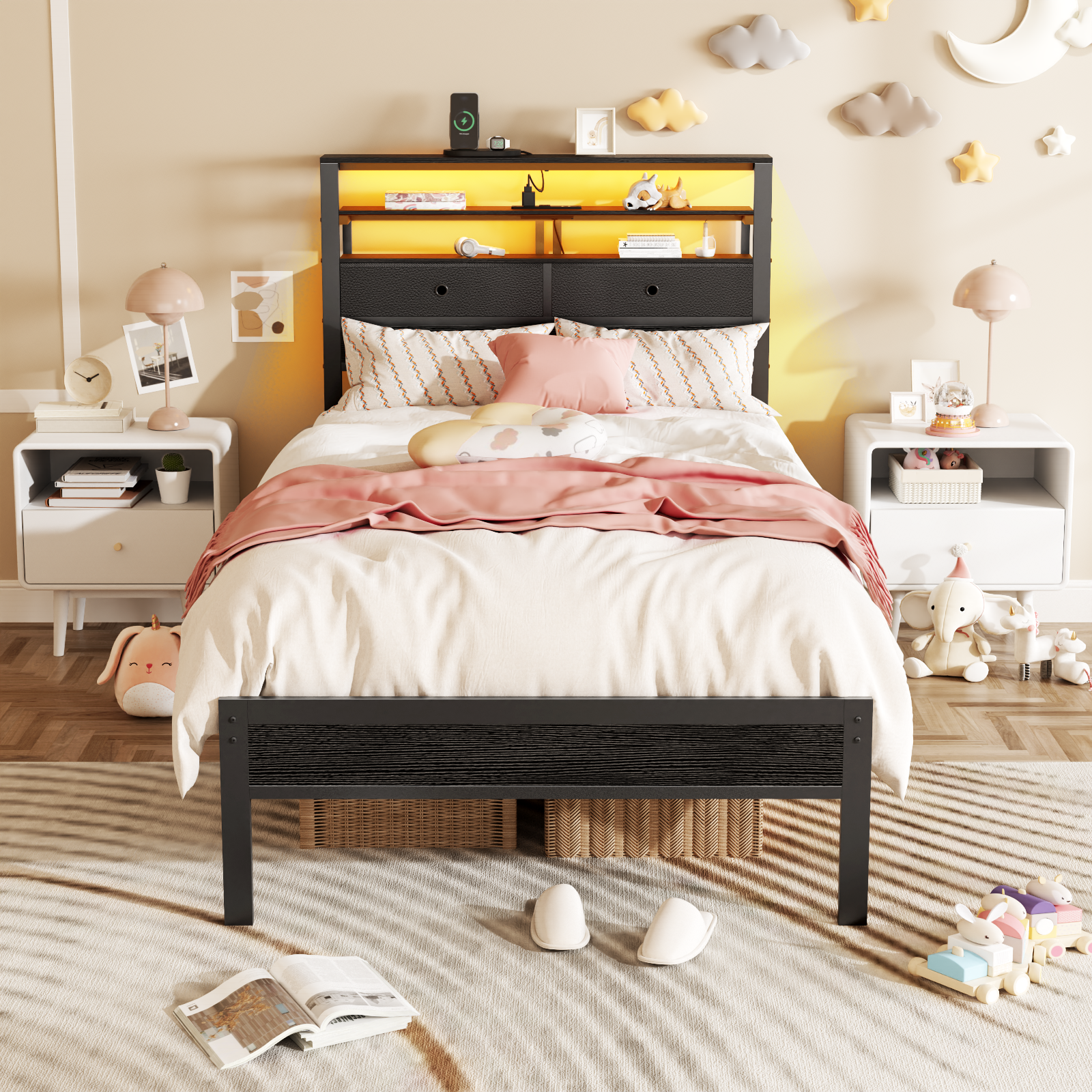 Furnulem Bed Frame with 2 Storage Drawers Headboard LED  Charging Station Black oack