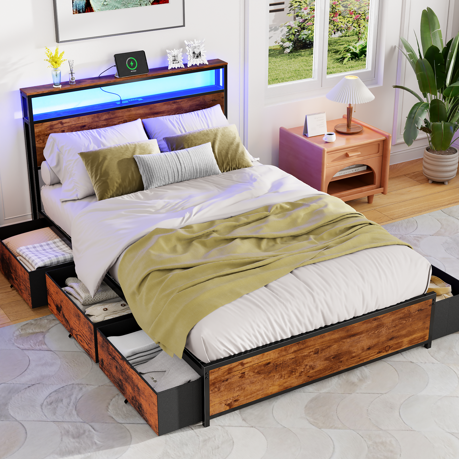 Full Size Metal Bed Frame with Charging Station LED Lights 6 Storage Drawers 2 Tier Headboard Shelf No Box Spring Needed Teen Bedroom Dorm