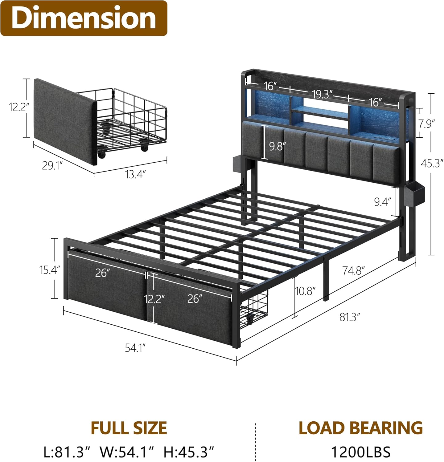 Furnulem Full  Bed Frame with Storage Drawers  Upholstered Headboard with Storage Shelf  LED Lights and Charging Station  Metal Platform Bed Frame