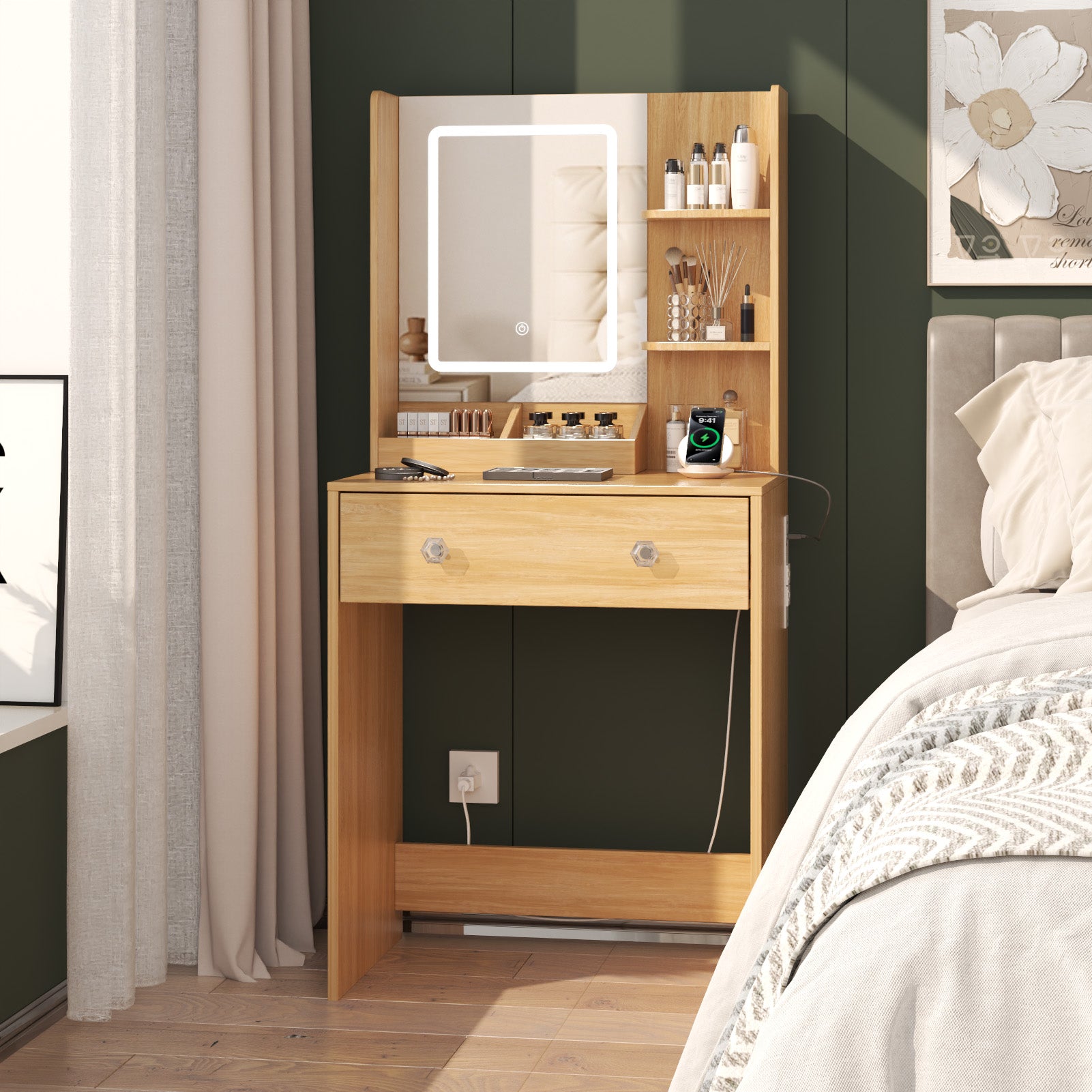 24" Modern Wood Vanity Desk with Lighted Mirror and Charging Station Small Makeup Dressing Table with 2 Drawers and 3 Storage Shelves for Bedroom