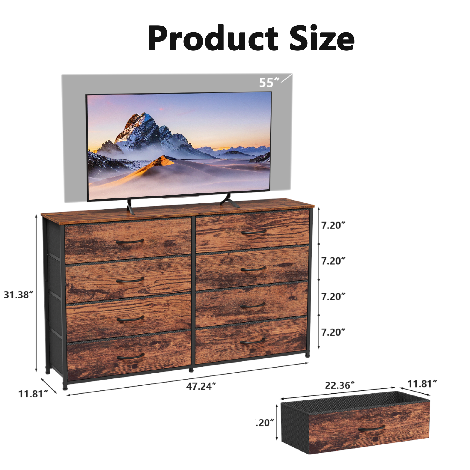 8 Drawer Dresser Wide Storage Chest of Drawers for Bedroom Closet Organizer Fabric Bins 55 Inch TV Stand Wood Top Furniture Unit Hallway Nursery
