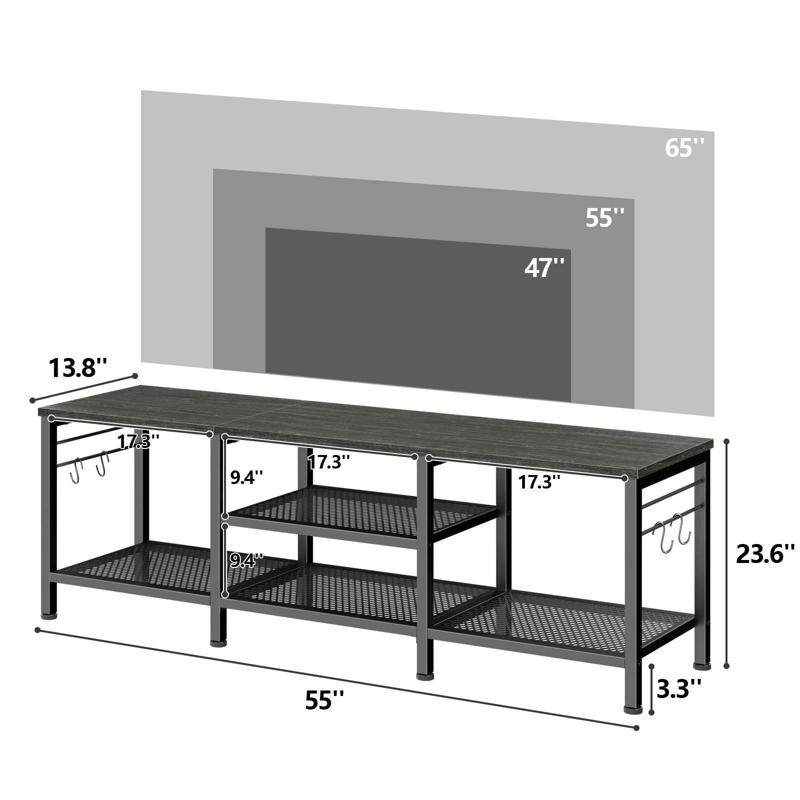 55 Inch Black Oak TV Stand for TVs up to 65 Inch Media Console Entertainment Center Open Storage Shelves Soundbar Shelf Modern Living Room Unit