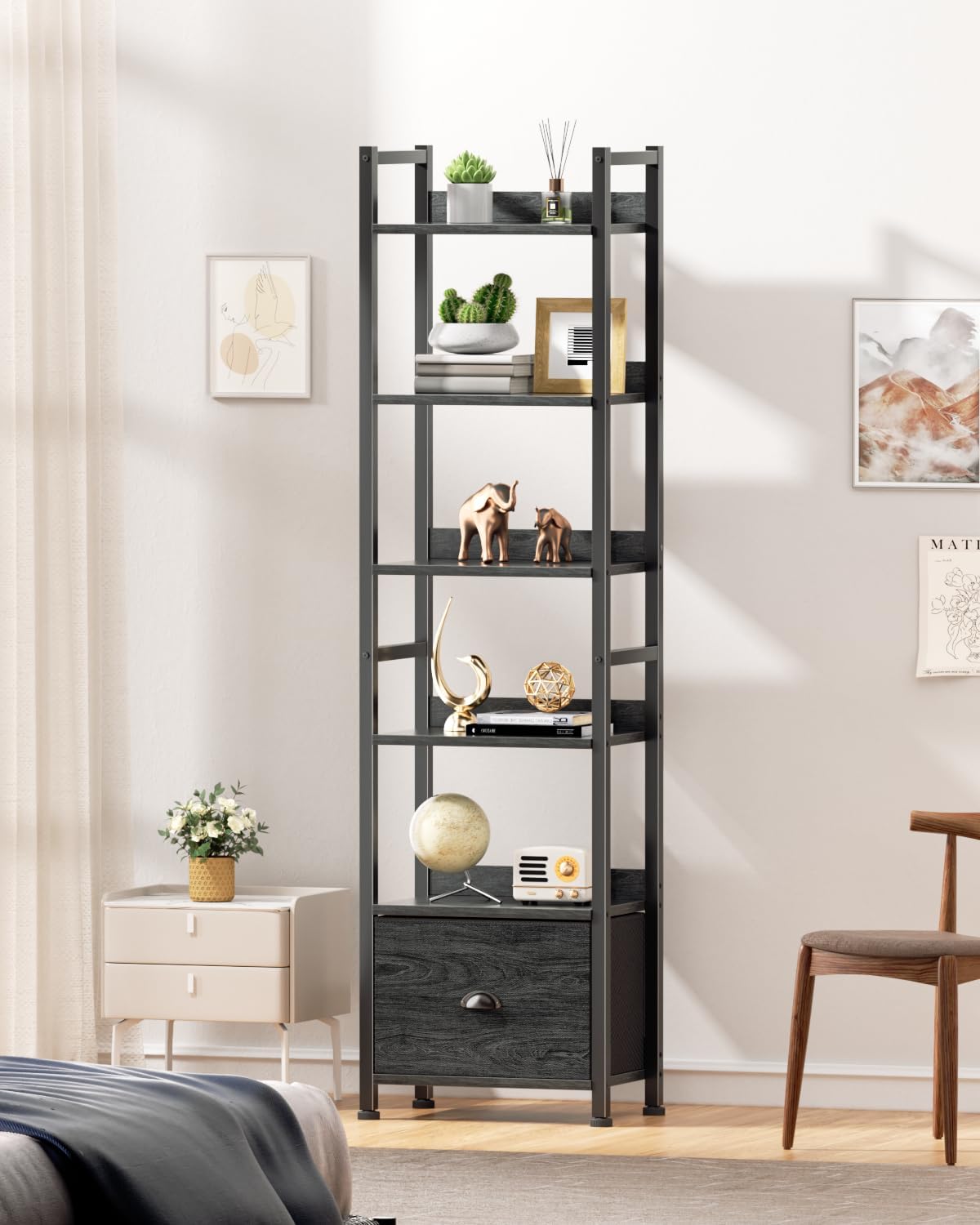 Qwatto Black 6 Tier Bookshelf with Drawer Tall Industrial Wood Metal Freestanding Storage Display Shelves Etagere Bookcase Organizer for Home Office