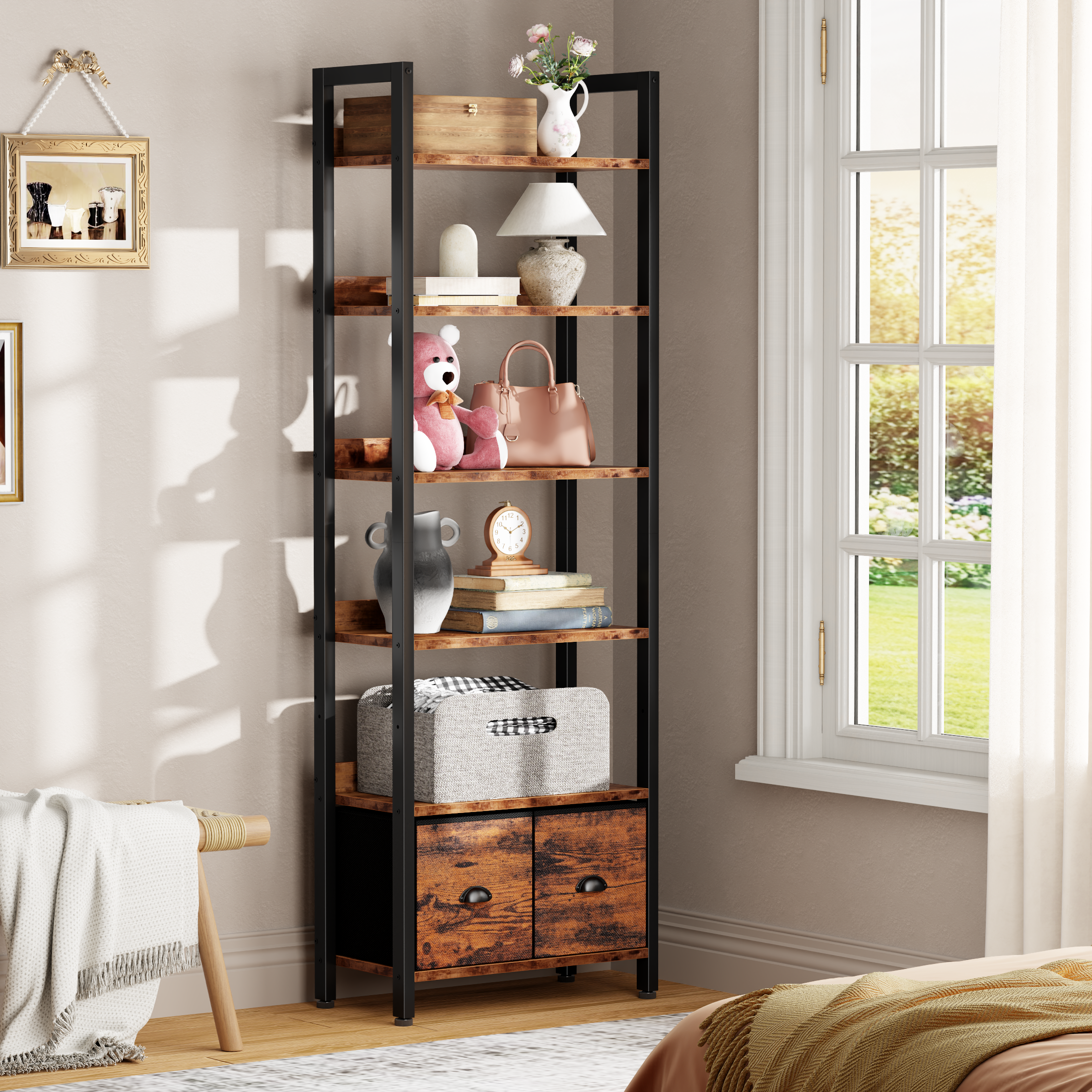 6 Tier 71 Inch Tall Rustic Bookcase with Two Drawers Storage Organizer Industrial Wood Metal Freestanding Bookshelf Home Office Bedroom Rustic Brown