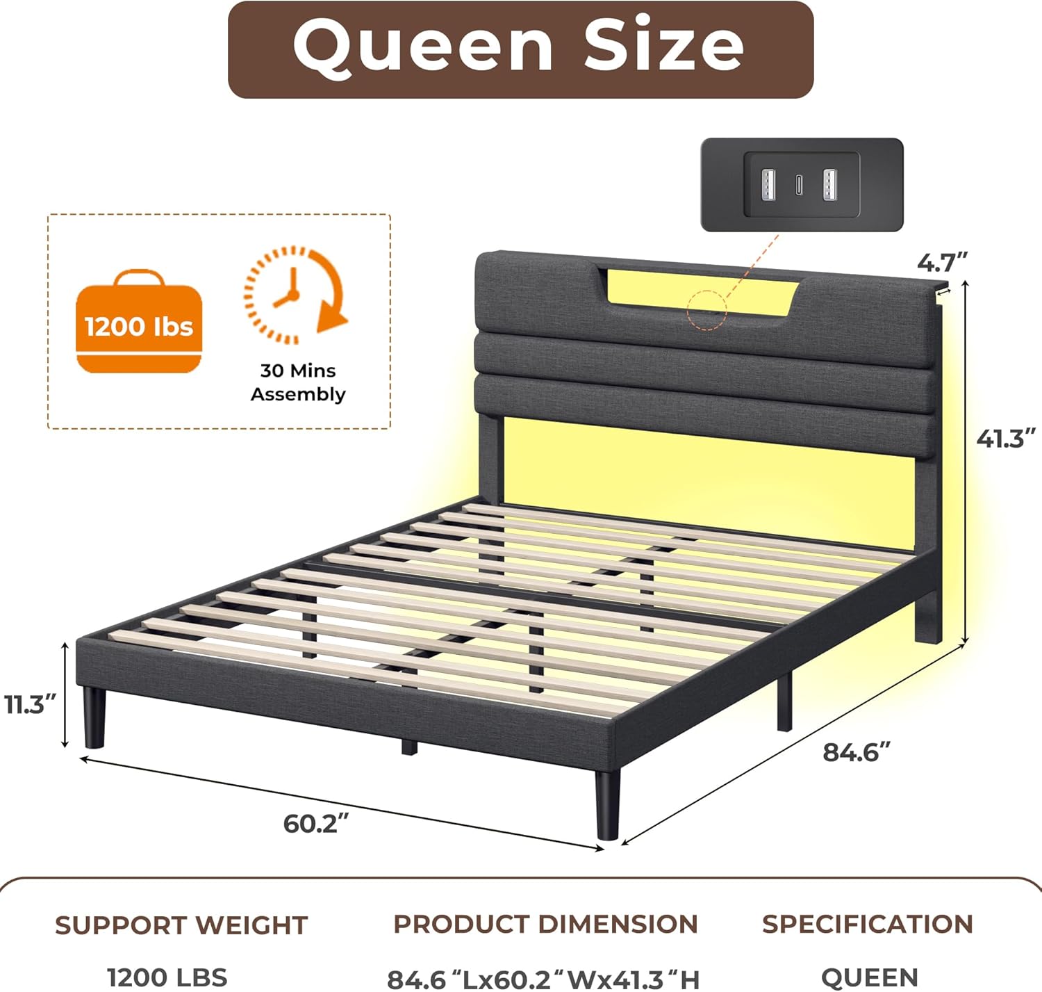 Furnulem Queen Size Bed Frames with Upholstered Headboard Bed with Charging Station and Led Lights Bed Frame with Sturdy Wooden Slats/2-Tier Storage