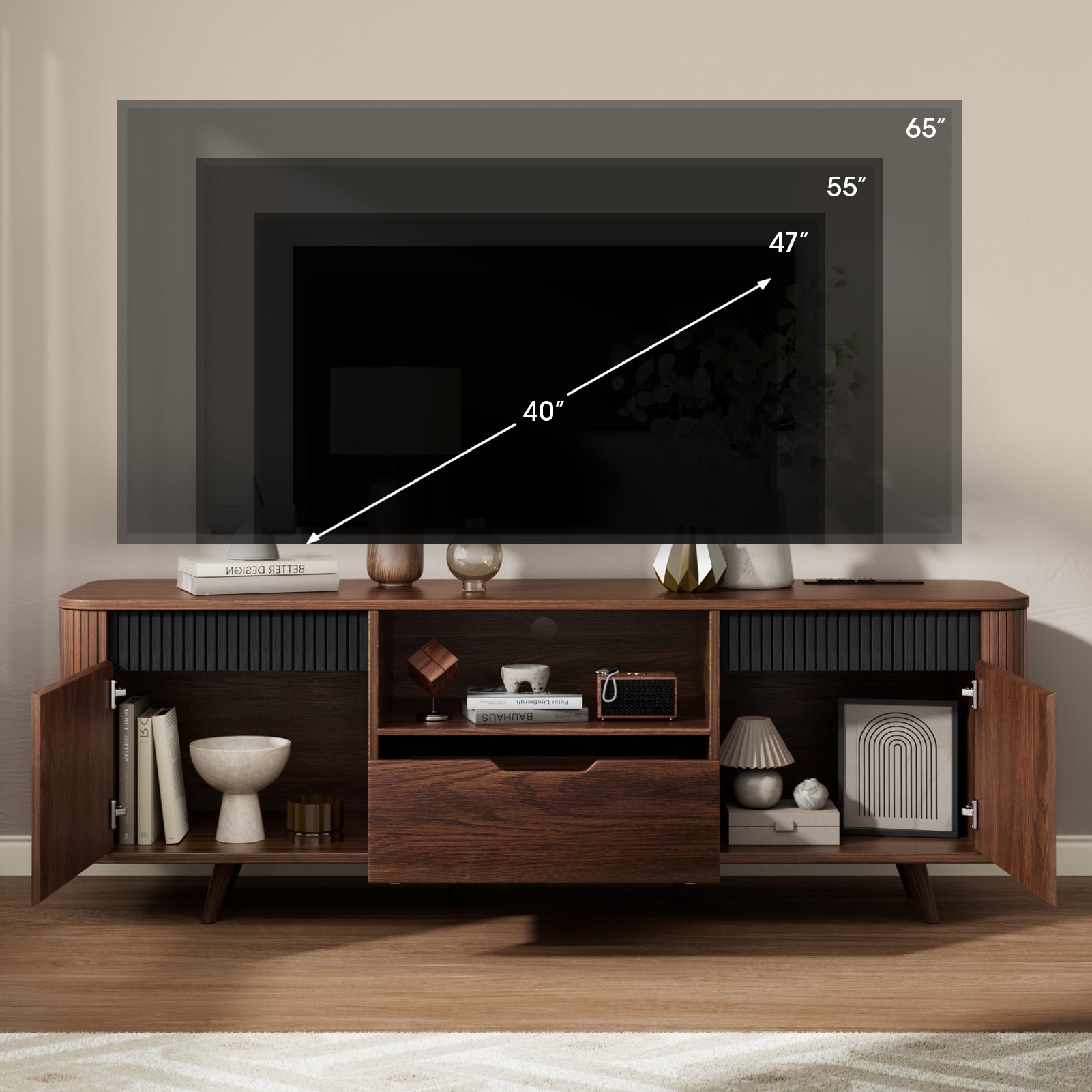 55-in TV Stand with Storage for TVs up to 65-in With Drawer slides Tambour Media Console With Charging Station Shelves Cable Management Wood Legs walnut