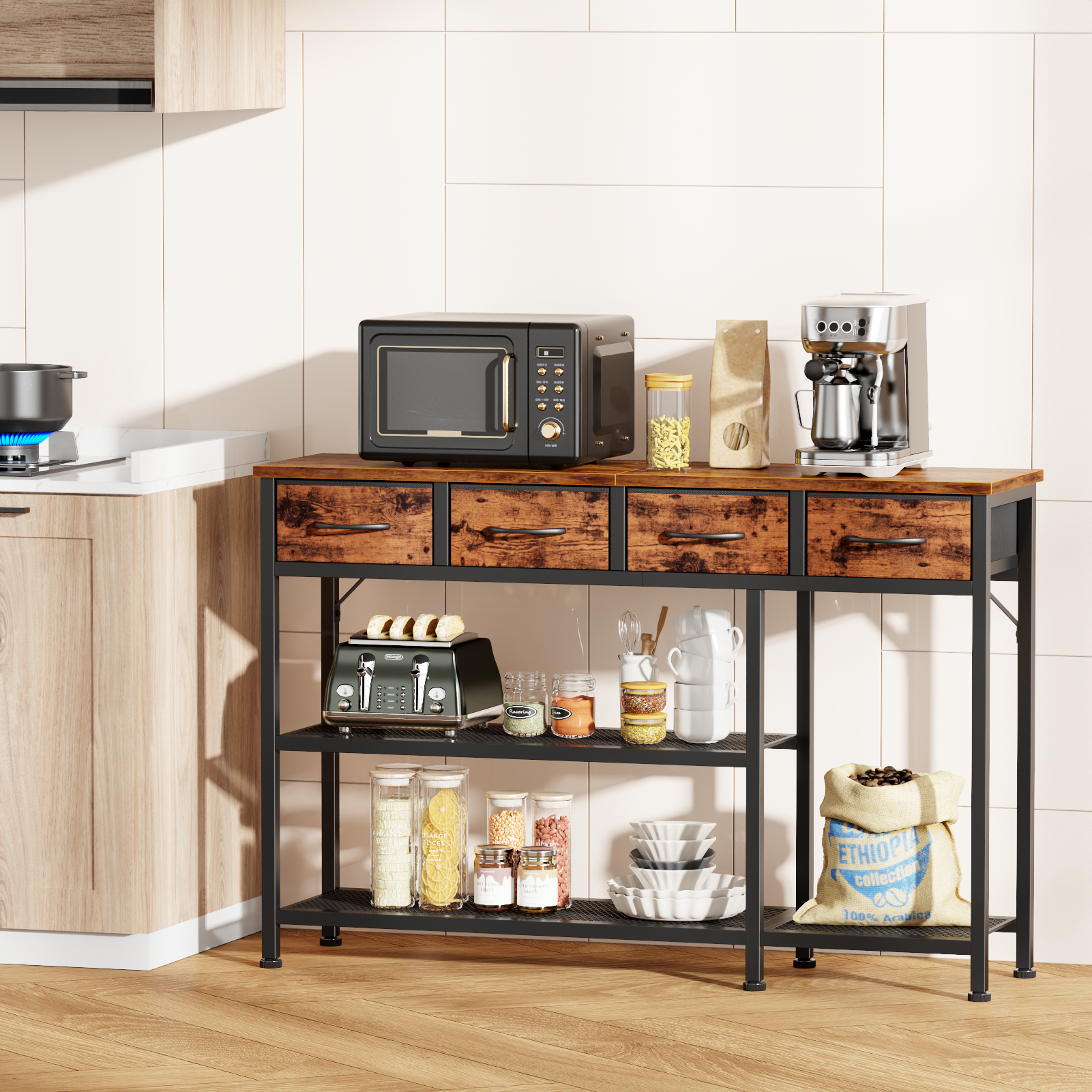 47 in Industrial Rustic Brown Wood Top Entryway Console Sofa Table with 4 Fabric Storage Drawers Metal Mesh Shoe Rack Shelf Front Door Foyer Hallway