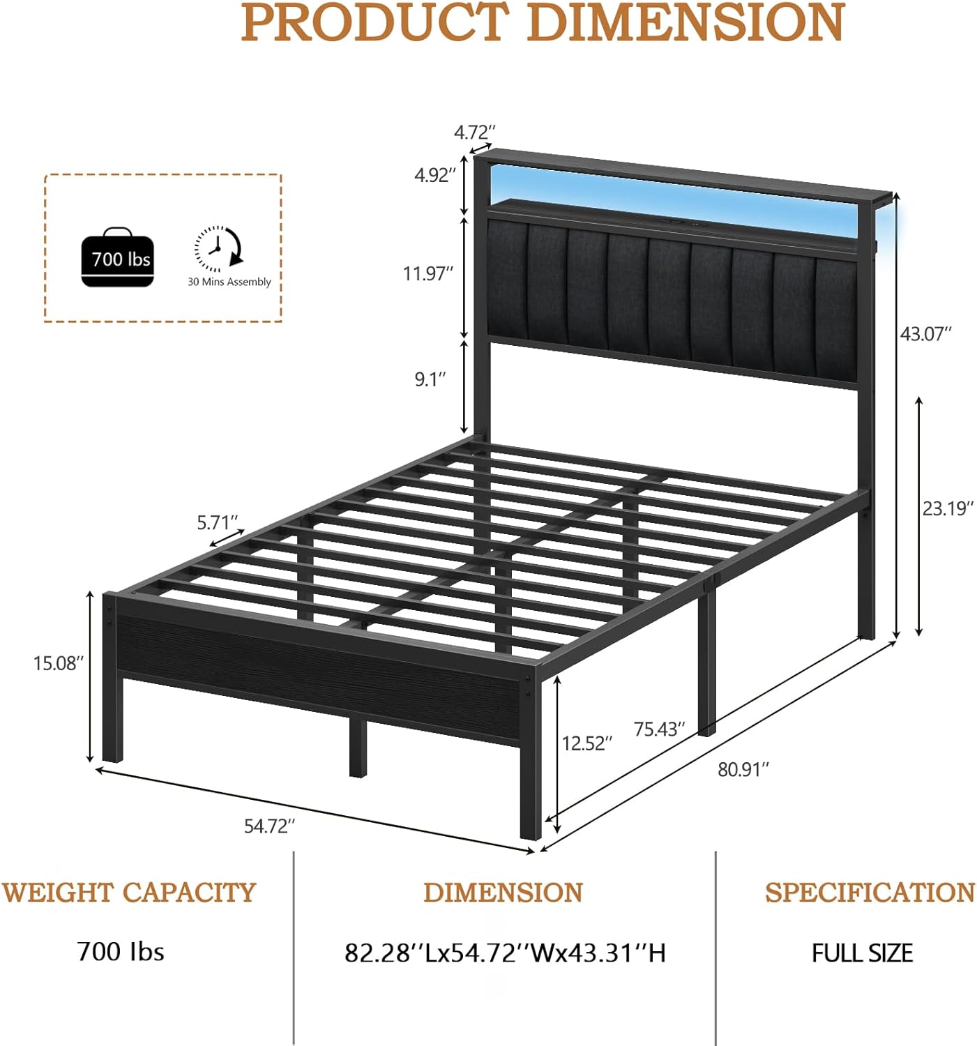 Furnulem Full Size Bed Frame with Charging Station and LED Lights Platform Bed with Metal Slats Grey Upholstered Headboard with 2-Tier Storage Shelves No Box Spring Needed