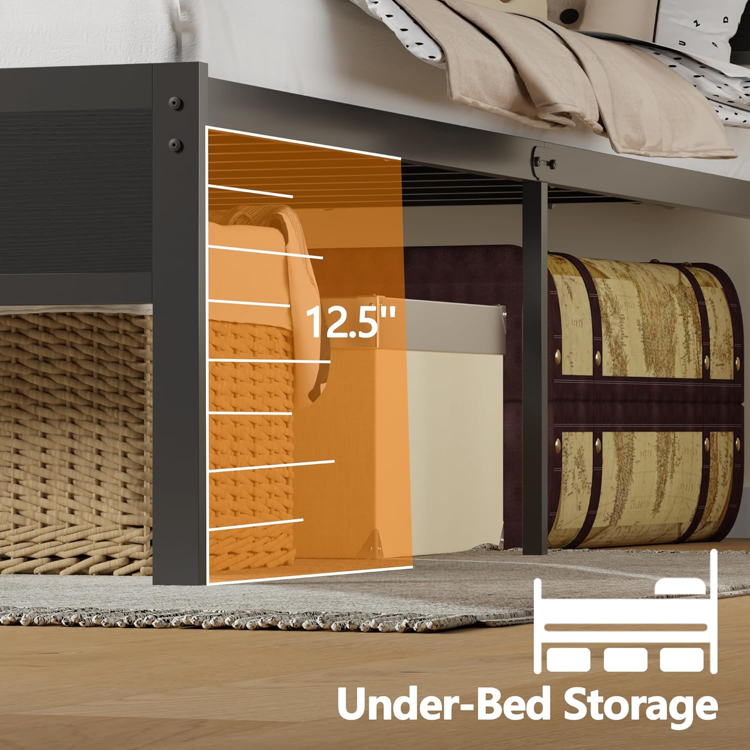 Furnulem Full Size Bed Frame with LED Light and Charging Station Wood Storage Headboard with 2-Tier Shelves Metal Platform Bed with Heavy Duty Slats