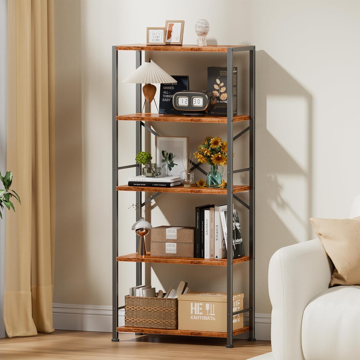 Qwatto Brown 5 Tier Tall Wide Bookshelf Wood Metal Industrial Open Display Shelving Unit Freestanding Etagere Bookcase Storage Organizer Living Room