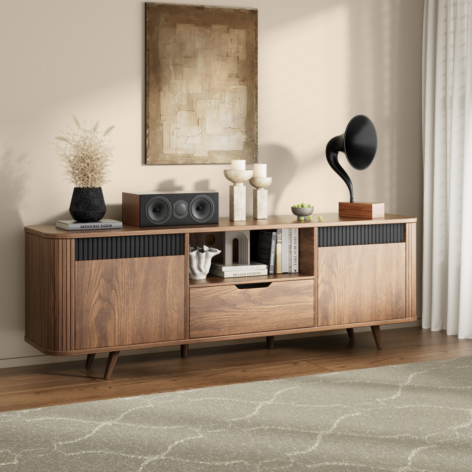55-in Modern TV Stand For 40-65 Inch TV With Drawer slides Tambour Media Console With Storage Cabinet Charging Station Shelves Cable Management Wood Leg