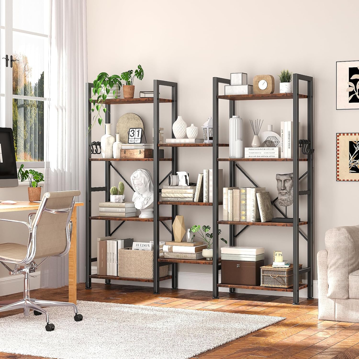 Qwatto Brown Triple 4 Tier Bookshelf 11 Open Display Shelves Wood Metal Storage Organizer Industrial Wide Shelving Unit Home Office Etagere Bookcase