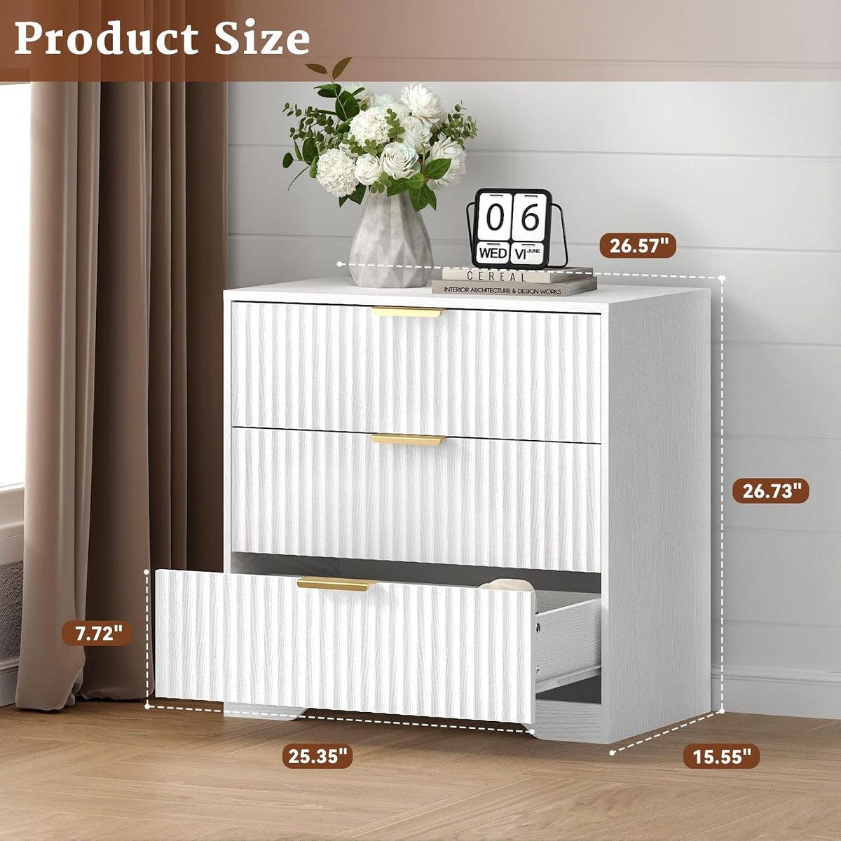27-in Wide Fluted Night Stand 3 Drawers Large End Table with Storage White Nightstand Wood Bedside Tables Farmhouse Cabinet Dresser for Bedroom Closet