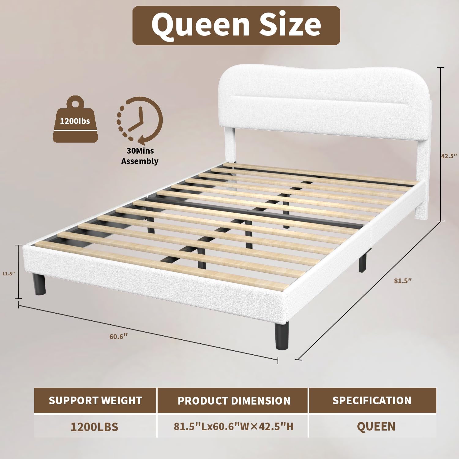 Queen Size Bed Frame with Headboard upholstered Bed Frame  Teddy Soft Boucle Fabric Soft Cloud Marshmallow Shape Headboard No Box Spring Needed
