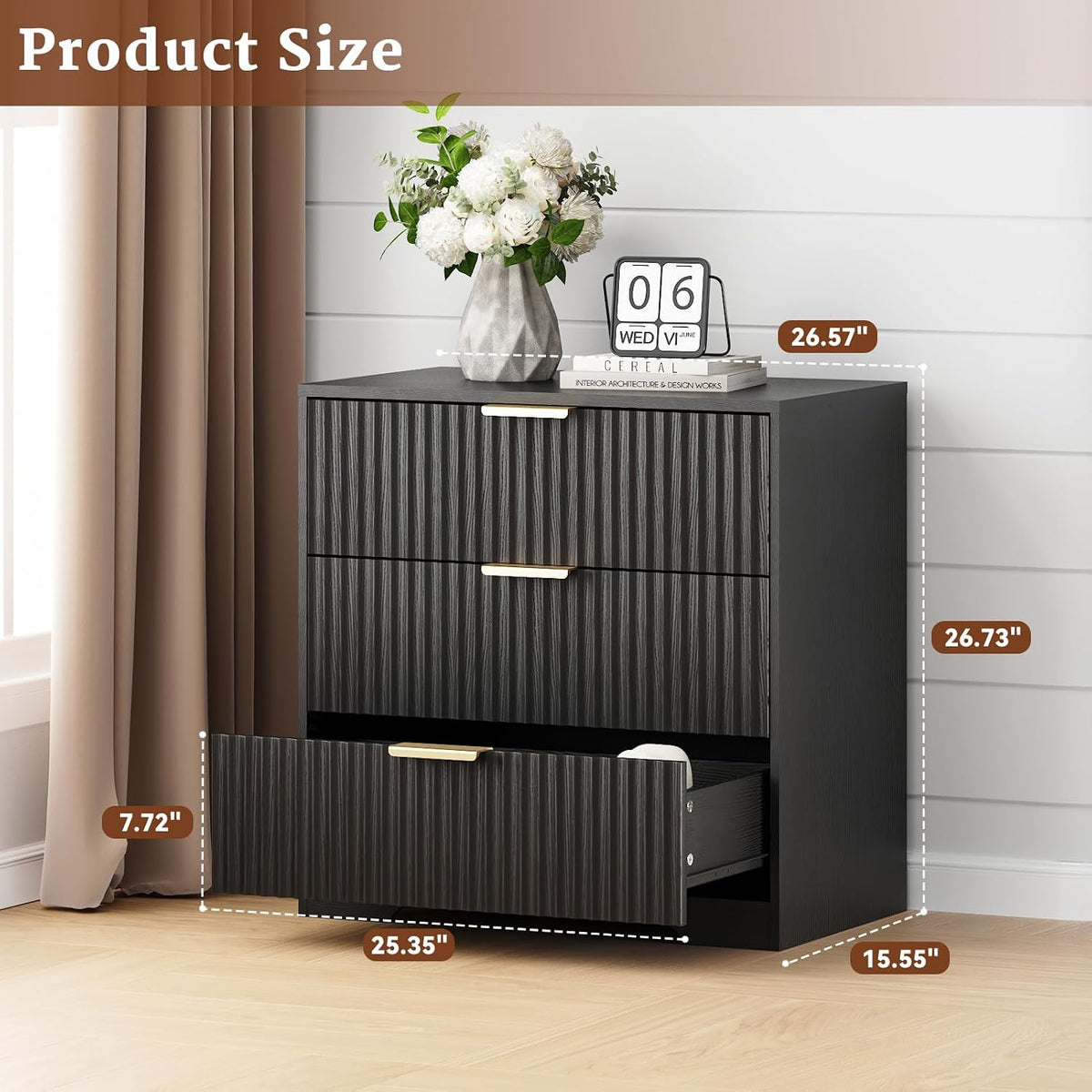 Black 3 Drawer Nightstand Fluted Wood Bedside Table Modern Storage Cabinet Wide Bedroom Dresser Accent Furniture Large 27 Inch Chest Organizer