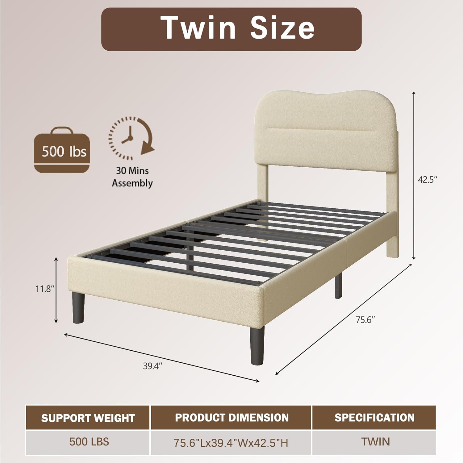 Furnulem Twin Bed Frames with Headboard Upholstered Bed Frame Teddy Soft Boucle Fabric bedframes Soft Cloud Marshmallow Shape Upholstered Headboard