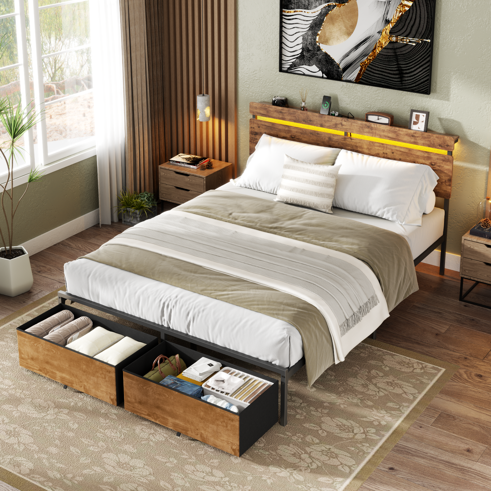 Queen Bed Frame with Wood Headboard Metal Platform Bed with 2 Storage Drawers Shelf Built-in Charging Station  LED Lights No Box Spring Needed