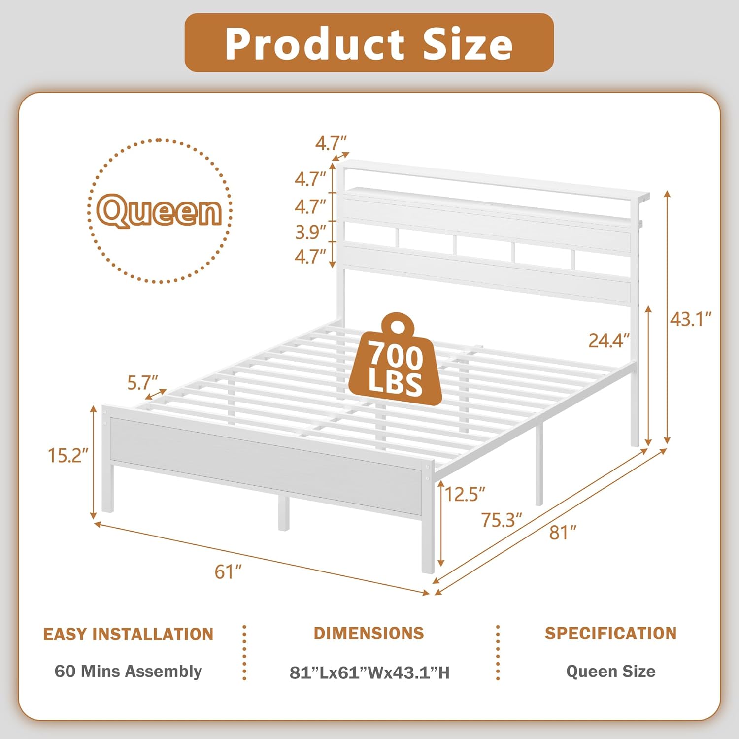 Queen Bed Frame with Storage Headboard and LED Lights Metal Bedframe with Charging Station and USB Port Platform Bed with Heavy Duty Slats White