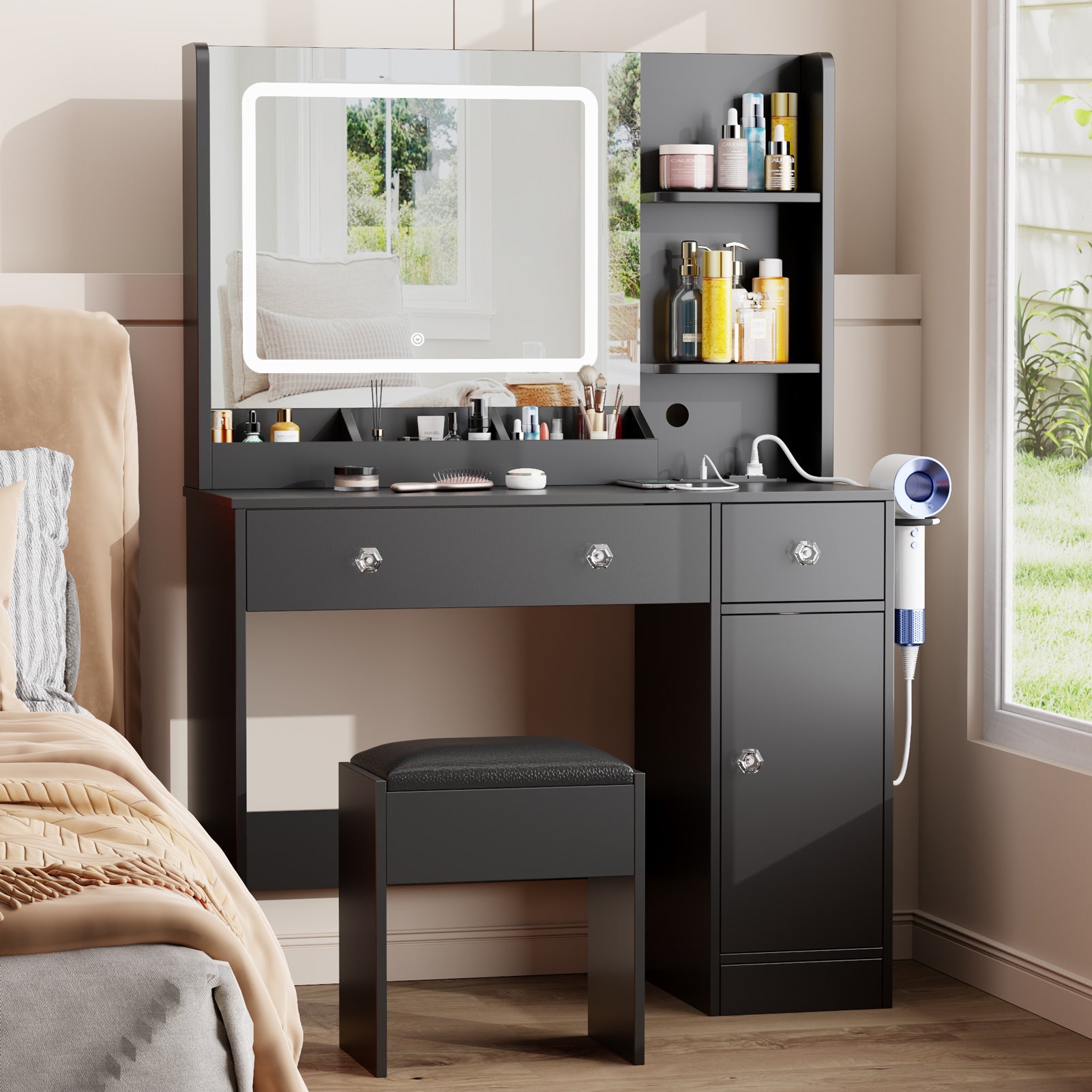 Makeup Vanity Desk with Mirror and Lights Set Black Dressing Table with Power Outlet Charging Station 3 Color Lighted Mirror Drawers Storage Cabinet