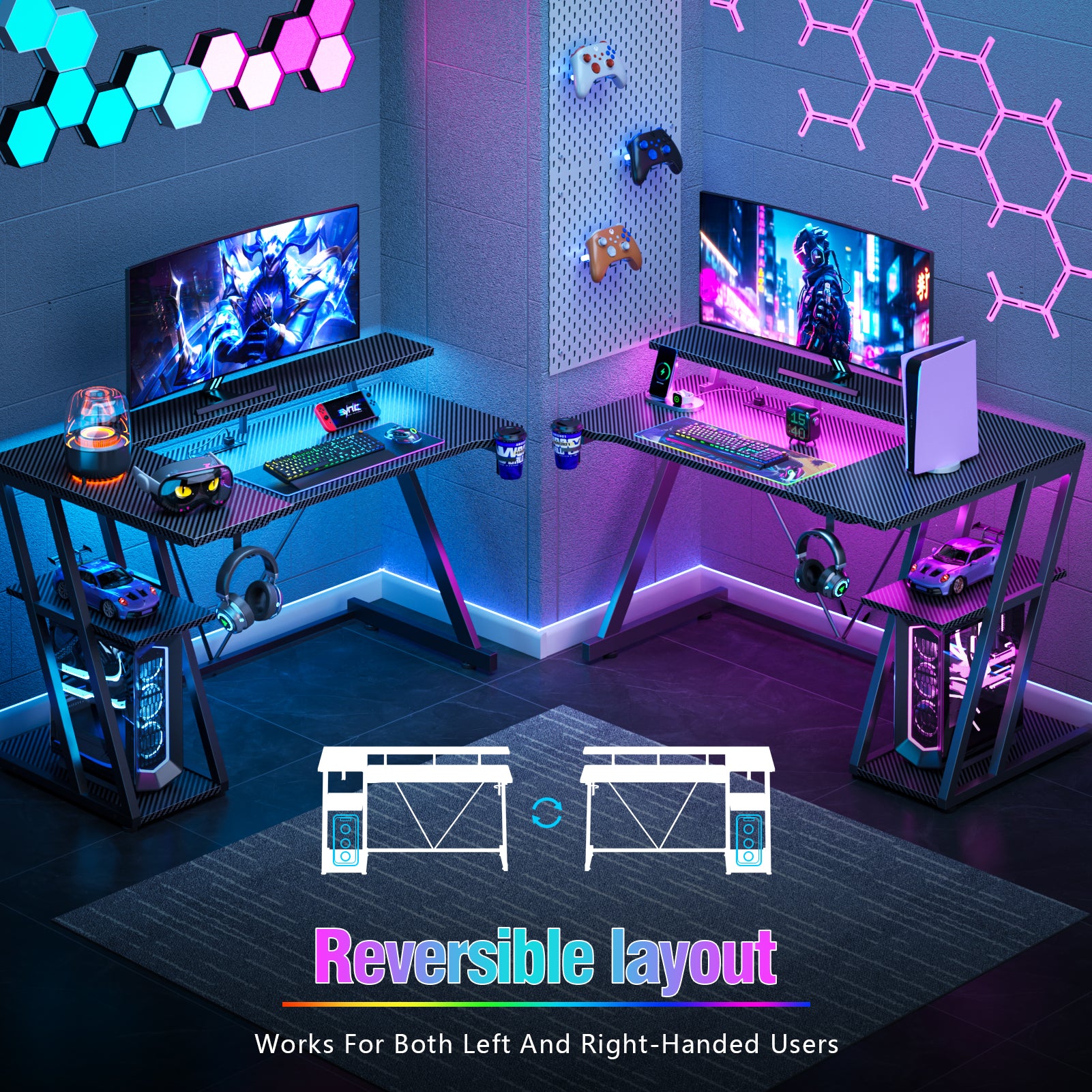 40 inch Black Gaming Desk Small Space L Shaped Computer Table with Monitor Stand 3 Tier Storage Shelves Carbon Fiber Gamer