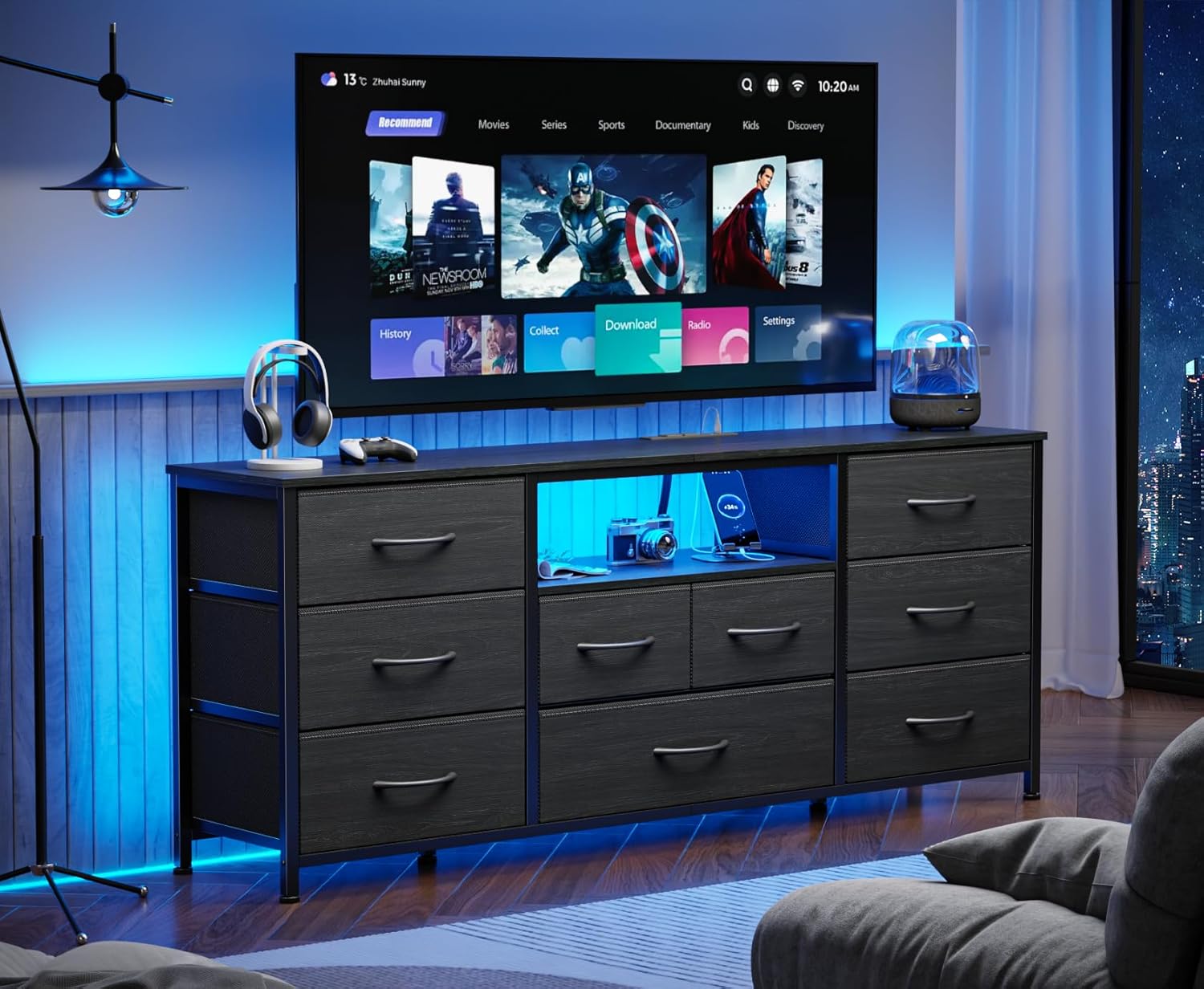 Furnulem 9 Drawer Dresser 55” Long TV Stand for Bedroom Entertainment Center with Power Outlet LED Light for 55"-65" TV Dresser with Fabric Storage