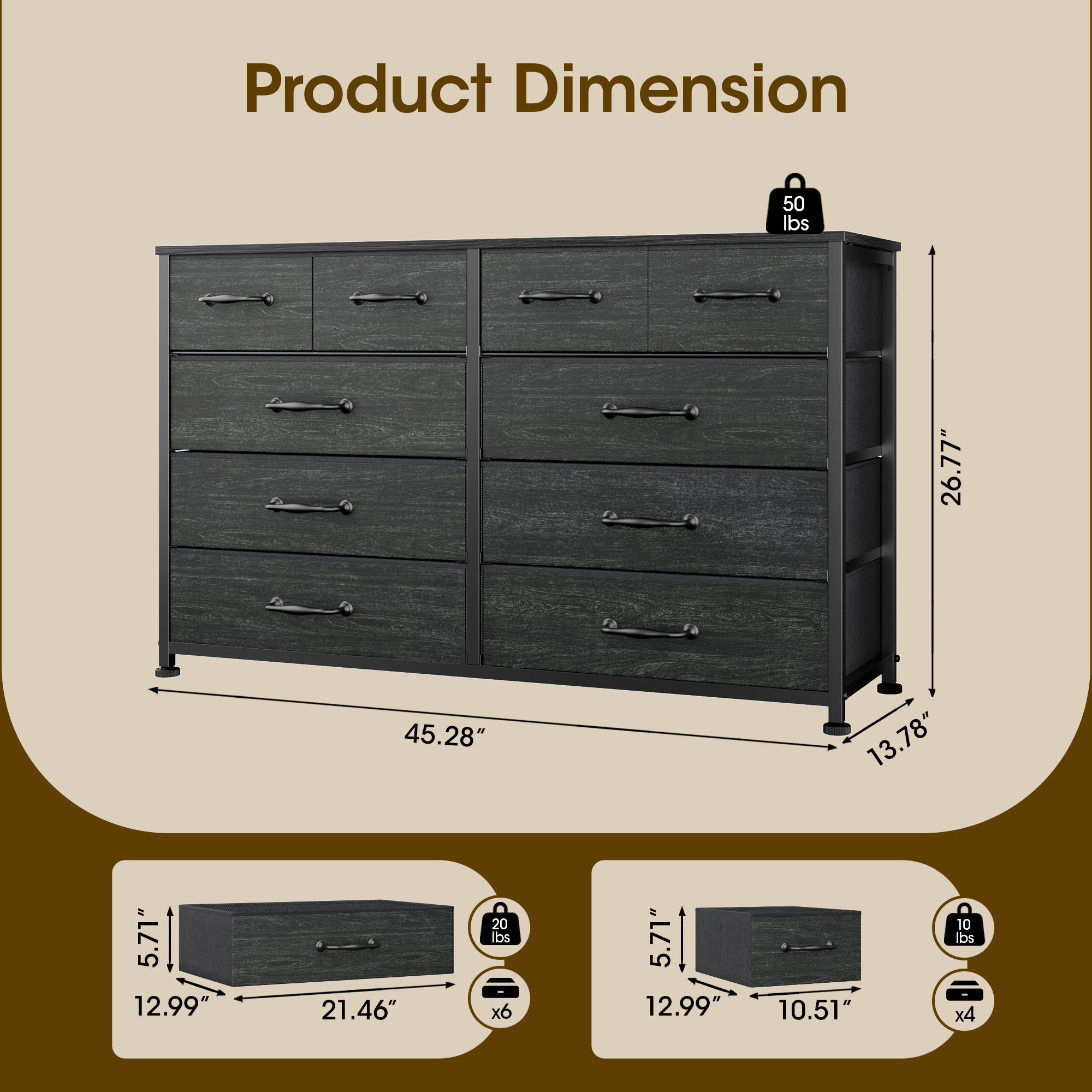 Black Dresser with 10 Fabric Dresser  Tv Stand for Bedroom for 40-45-50 inch Tv Entertainment Center Chest of Drawers for Living Room Hallway Entryway