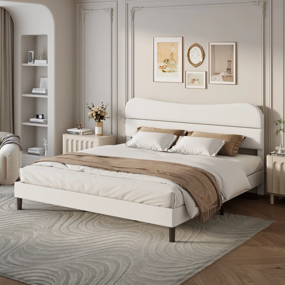 King Size Bed Frame With Teddy Velvet Soft Curved Headboard Platform Bed With Wooden Slats Support Easy Assembly Noise-free