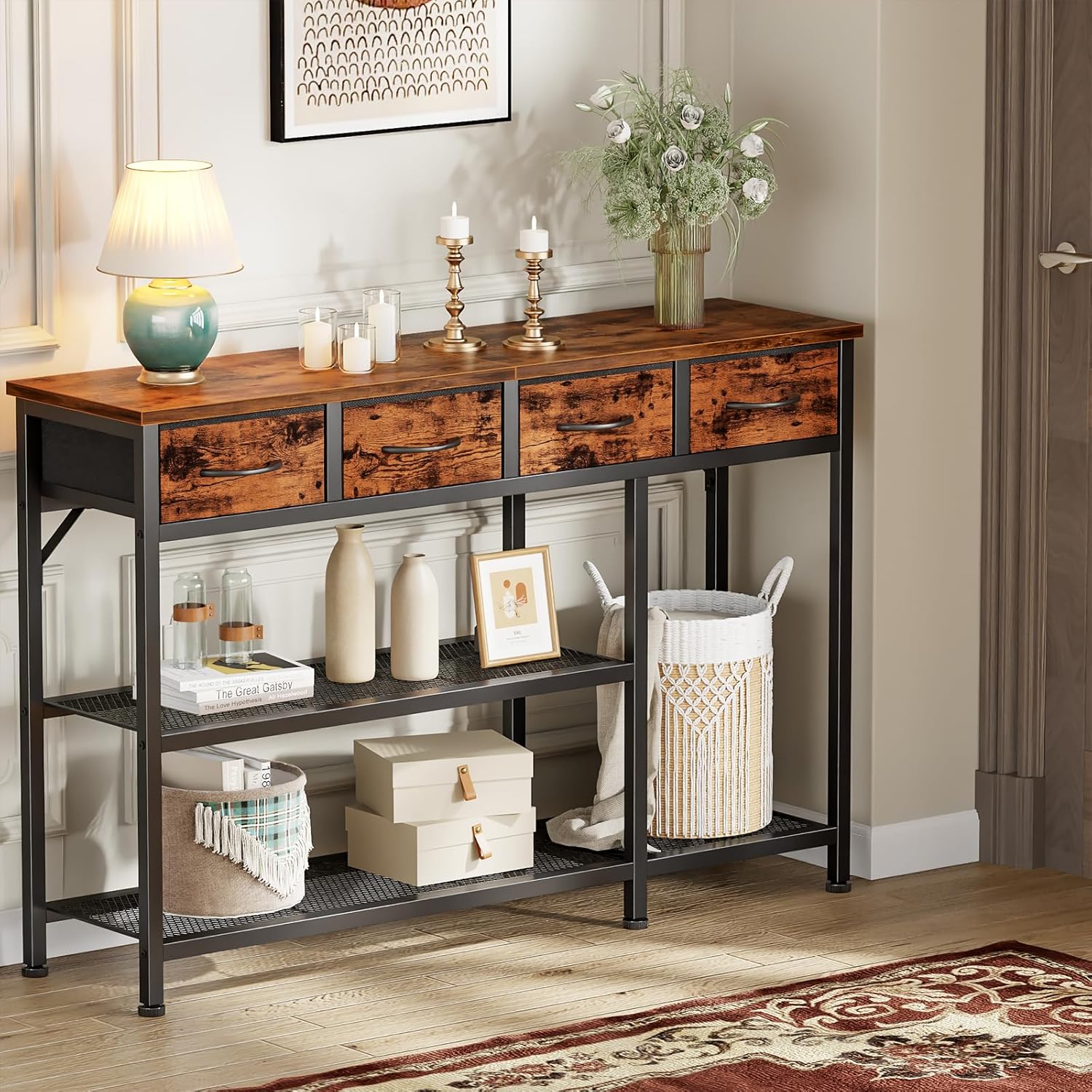 Furnulem 47” Entryway Table with 4 Fabric Drawers, Rustic Console Table with Metal Mesh Shelf, Sofa Table for Hallway, Foyer, Front Door