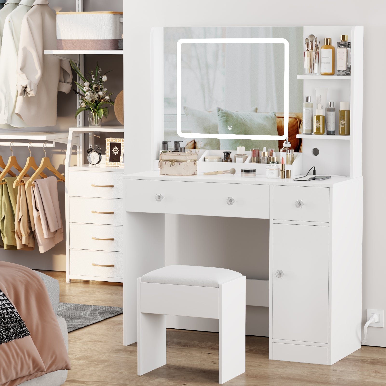 White Makeup Vanity Desk with Mirror and Lights Vanity Set with Stool 3 Color Lighted Mirror Dressing Table with Power Outlet and Drawers Cabinet