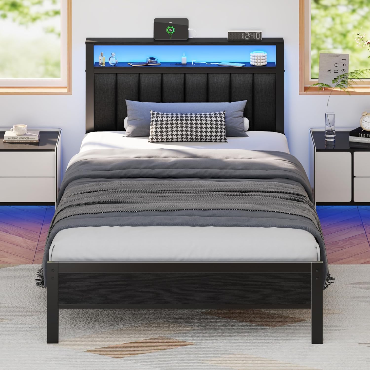 Furnulem Twin size bed frame with charging station and LED light gray upholstered headboard two-tier storage shelves no spring mattress required