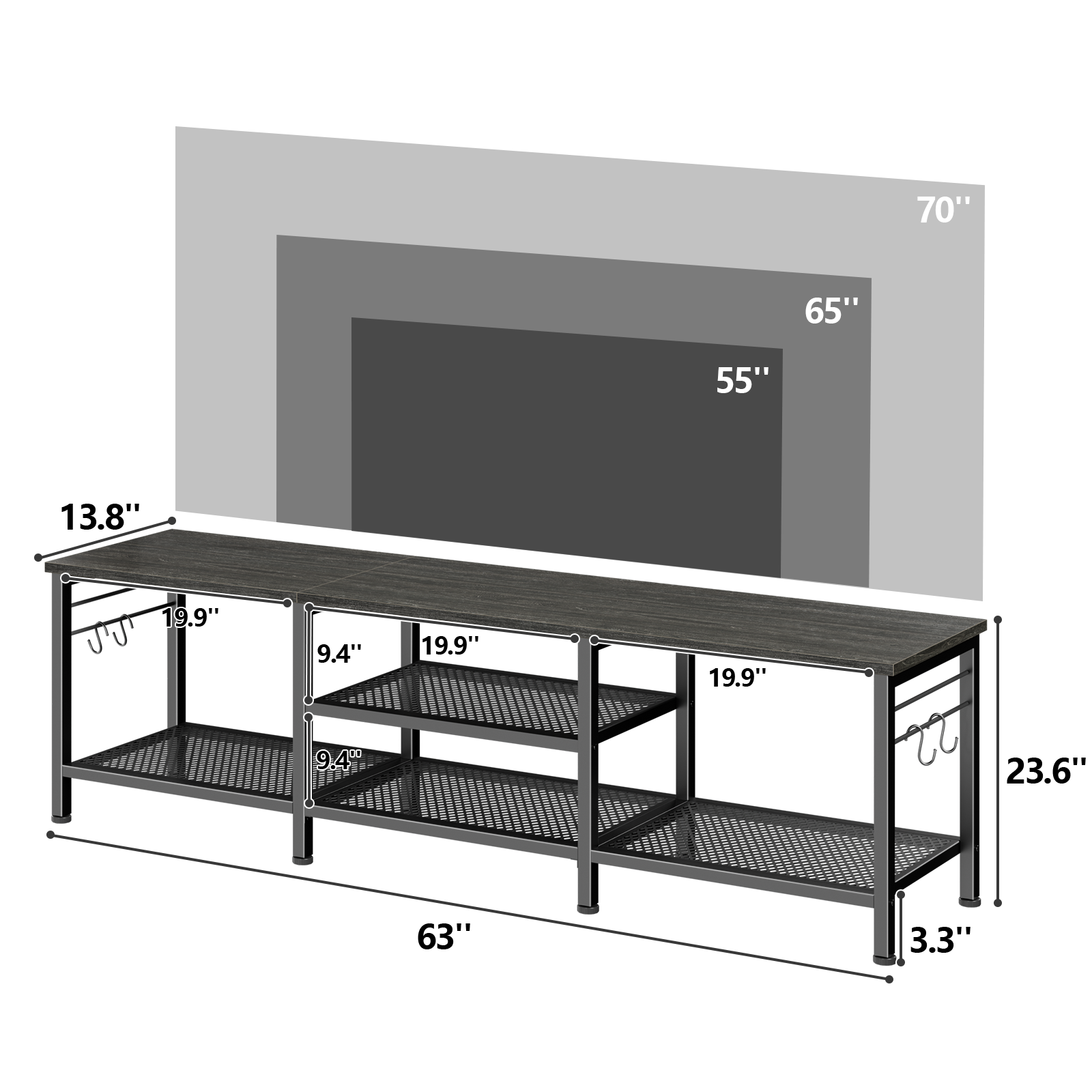 Qwatto 63 Inch Black Oak TV Stand for TVs up to 70 Inch Media Console Entertainment Center with Soundbar Shelf Open Storage Shelves Living Room Decor