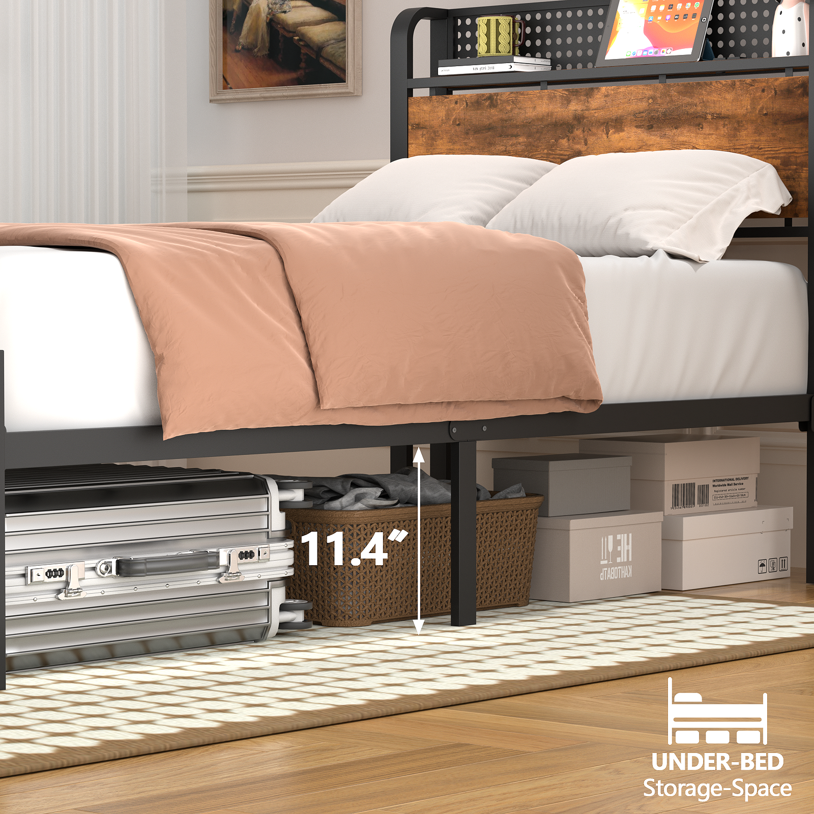 Furnulem Twin Size Bed frame with Wood Storage Headboard,Metal Platform Bed with Under Storage