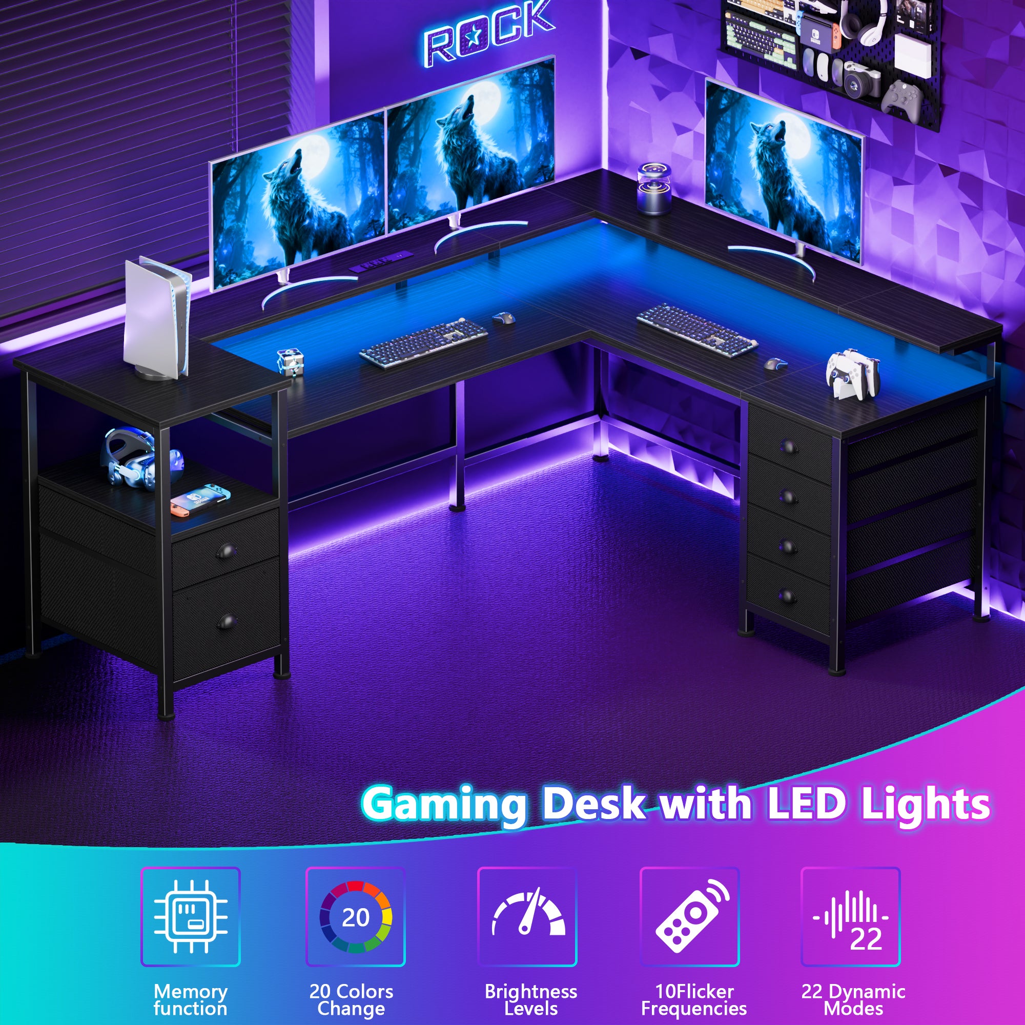 66 Inch Black L Shaped Gaming Desk with Charging Station Reversible Corner Computer Desk LED Lights 6 Drawers Monitor Stand Printer Shelf Storage